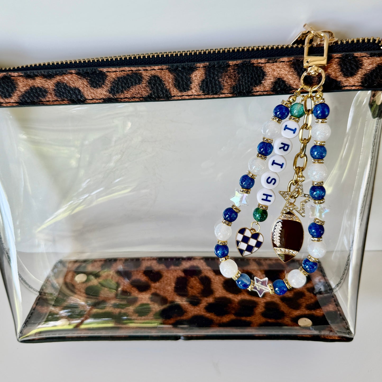 Irish College Football Bag Charm – Blue, White & Gold Beaded Keychain with Charms – Game Day Purse Clip – Handmade Gift