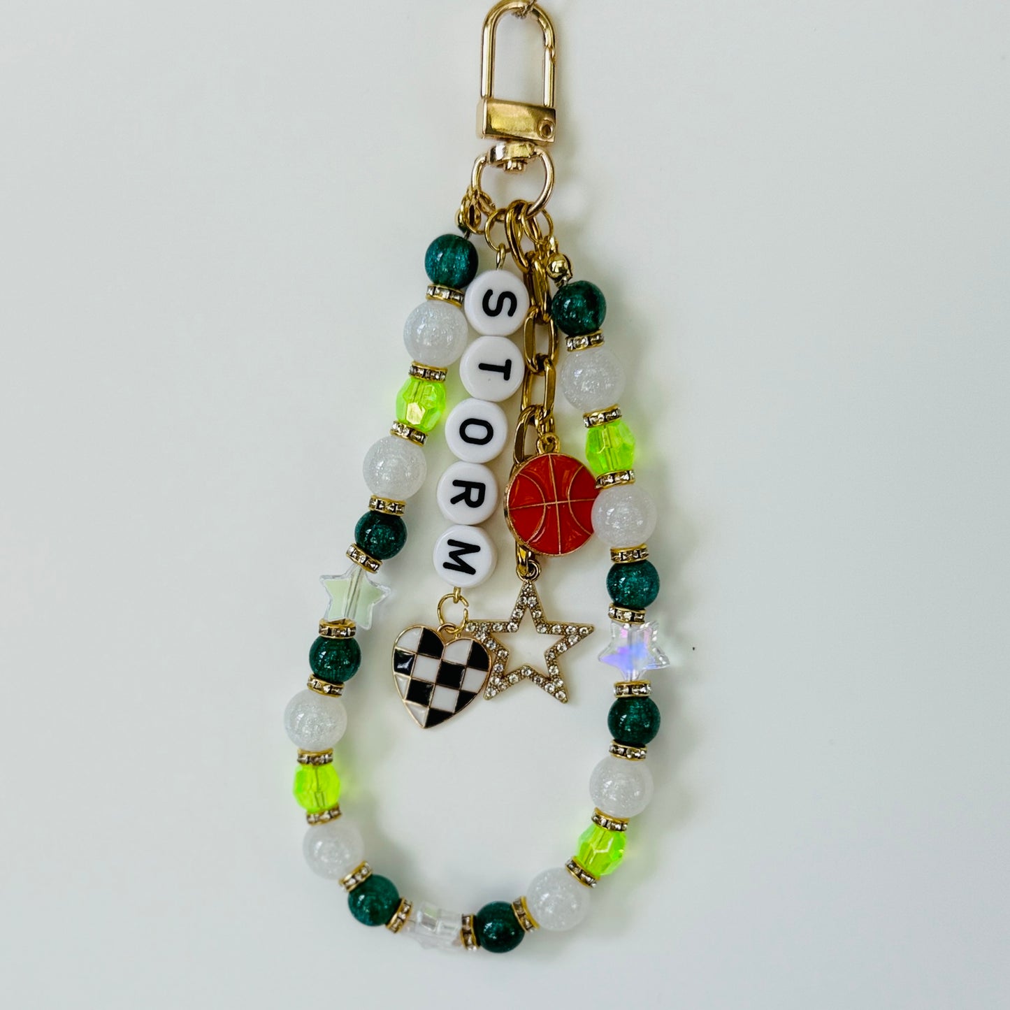 Storm Women’s, Green, White Basketball Bag Charm – 6.5” Handmade Beaded Keychain with Charms, Sports Bag Accessory, Resin Beads