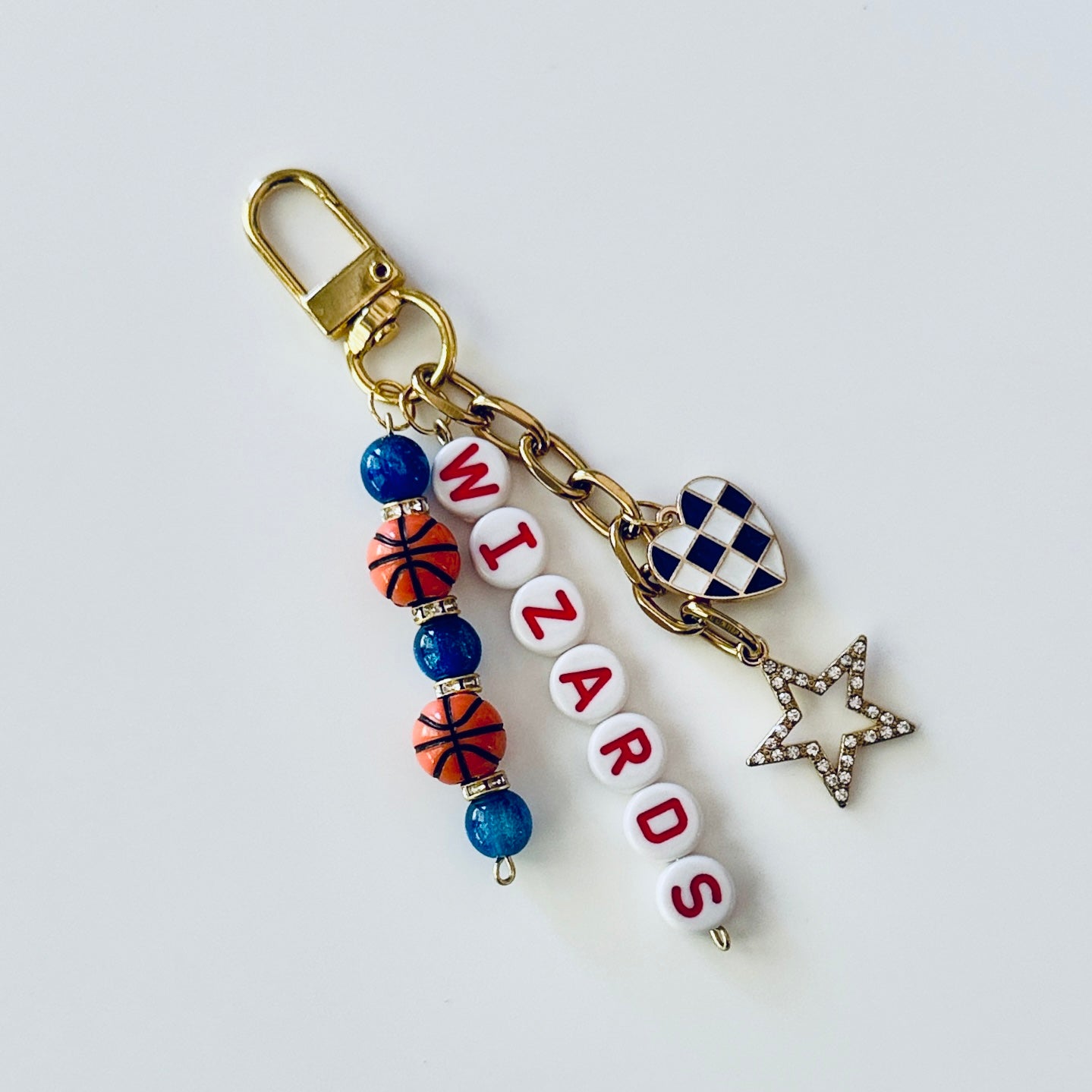 Wizards Basketball Keychain – Gold, Blue & Red Beaded Keychain with Star and Heart Charms