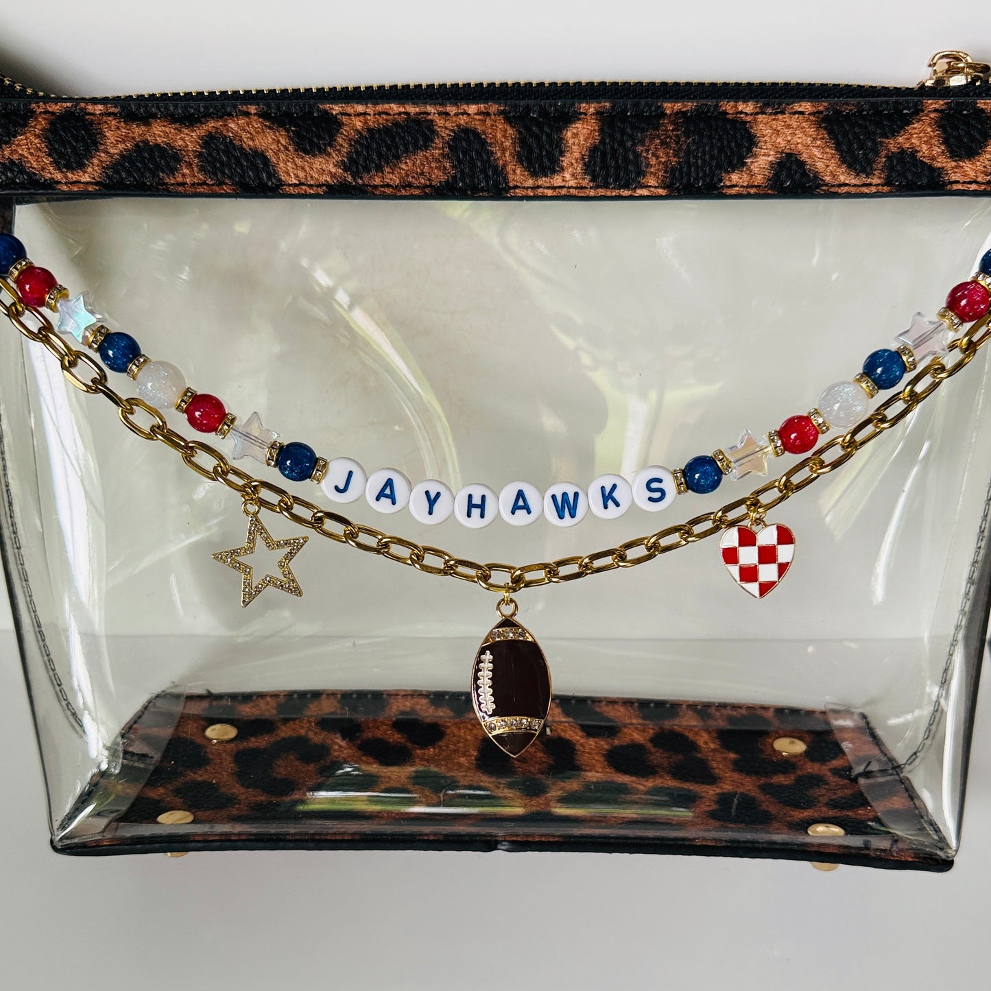 Jayhawks Football Bag Charm – Blue, Crimson Red & White Beaded Keychain with Charms – Game Day Purse Clip – Handmade Gift