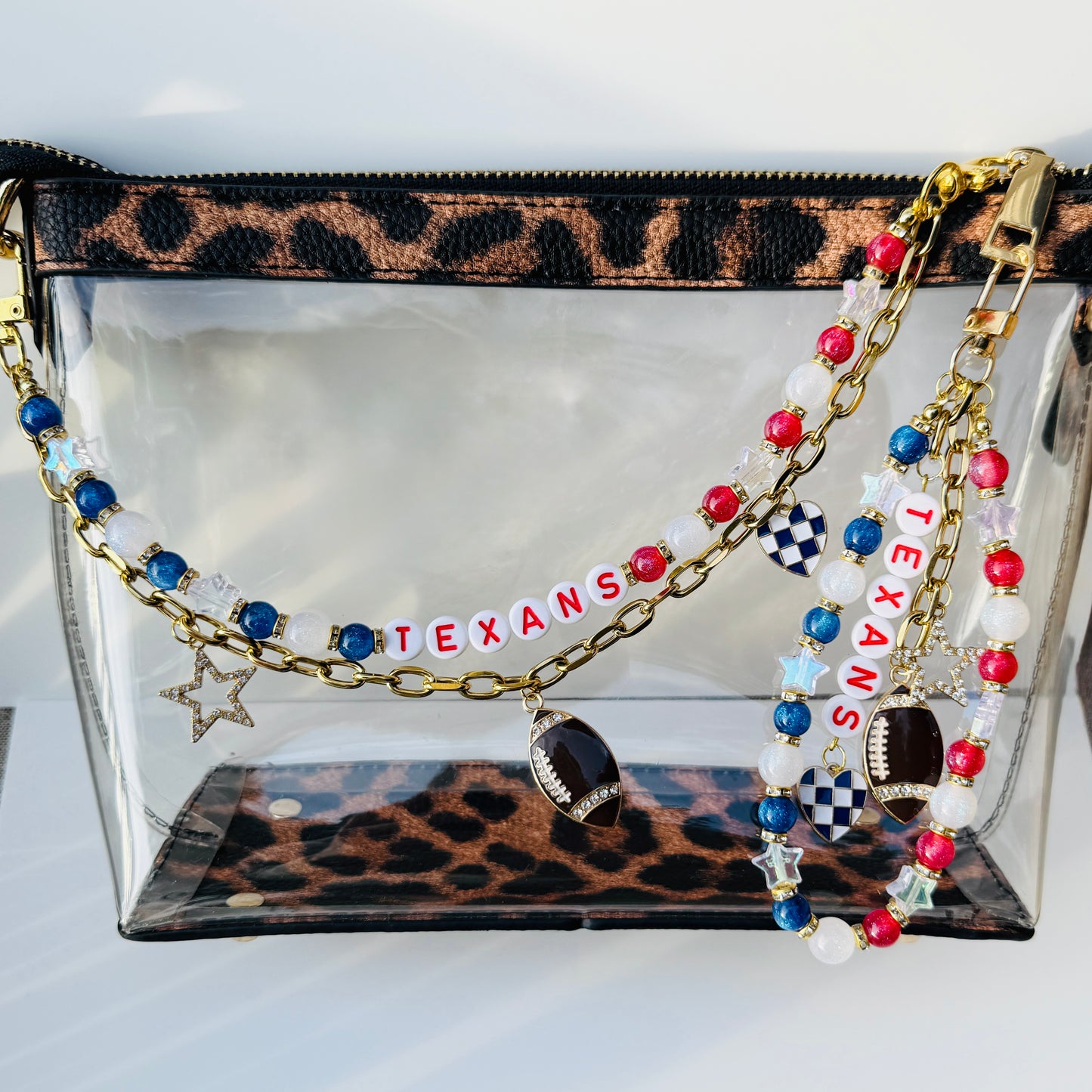 Texans Beaded Bag Charm or Gold Chain β Red White Blue Football Purse Accessory, 6β Charm, 12.5β Chain, Custom Game Day Bag Jewelry