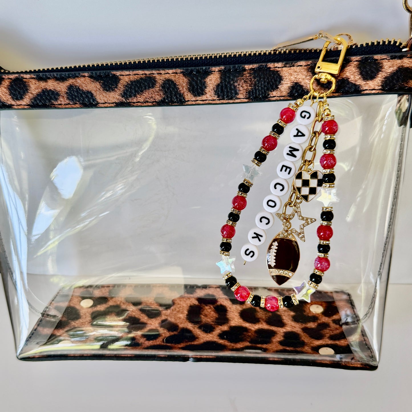 Gamecocks Beaded Bag Charm: Red, Black & White Football Keychain