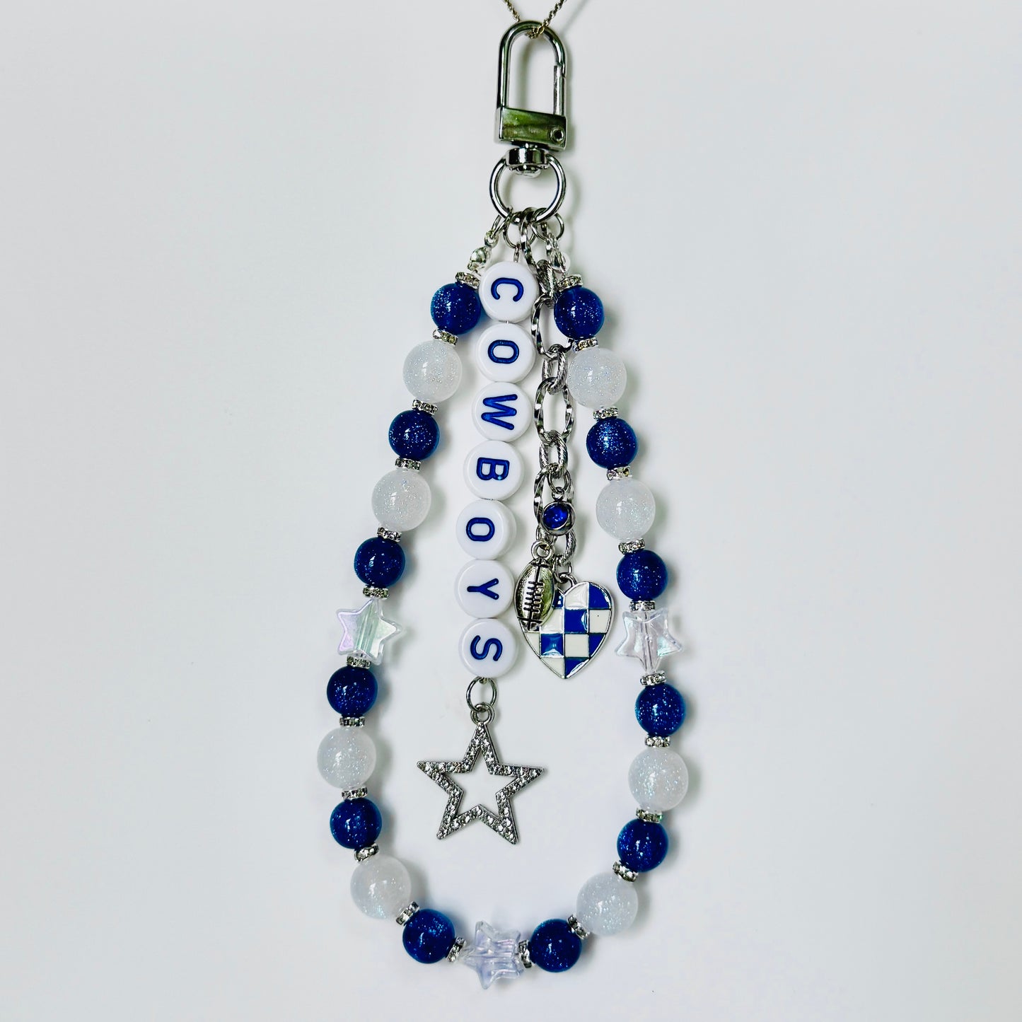 Cowboys Football Bag Charm or Chain – Blue & White Beaded Keychain or Purse Chain – Game Day Accessory – Handmade Gift
