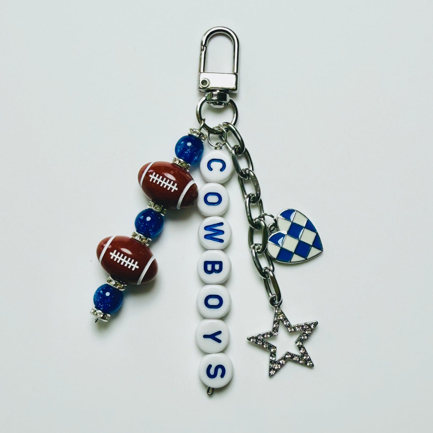 Cowboys Football Beaded Keychain: Silver Bag Charm with Enamel Heart and Star