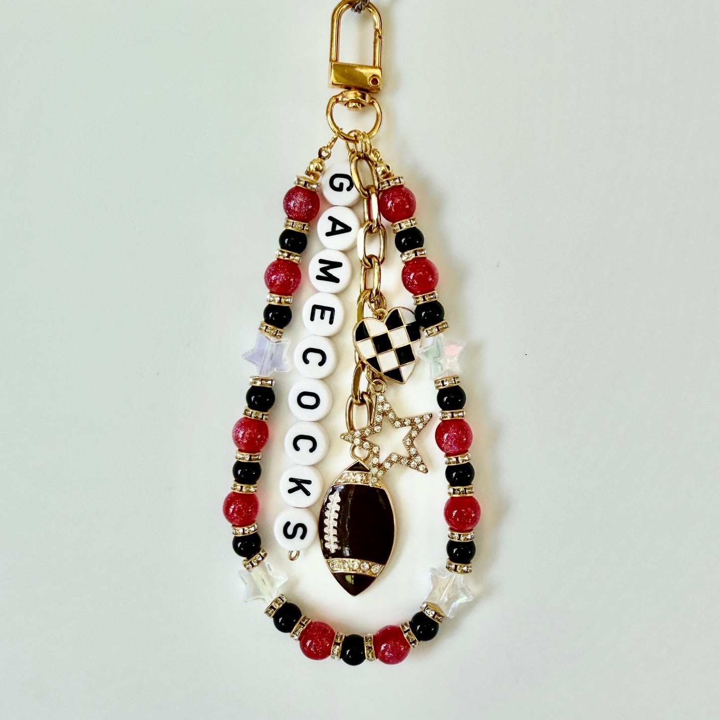 Gamecocks Beaded Bag Charm: Red, Black & White Football Keychain