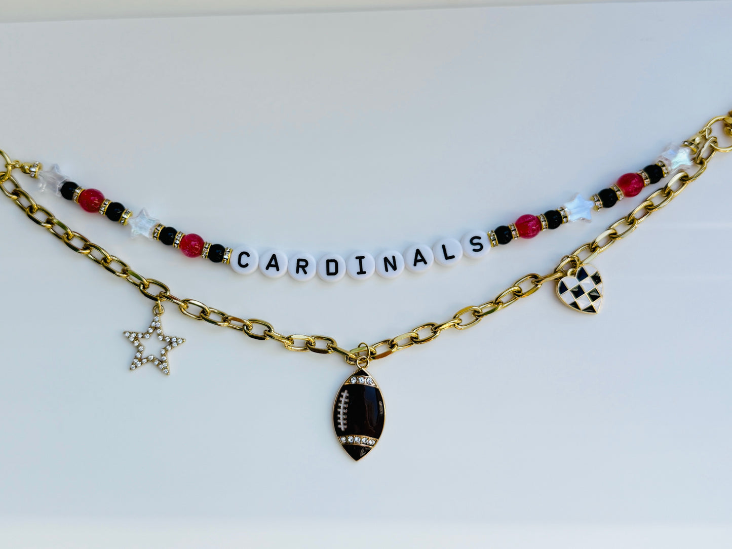 Cardinals Beaded Bag Charm or Gold Chain – Red & Black Football Purse Accessory, 6” Charm, 12.5” Chain, Custom Game Day Bag Jewelry