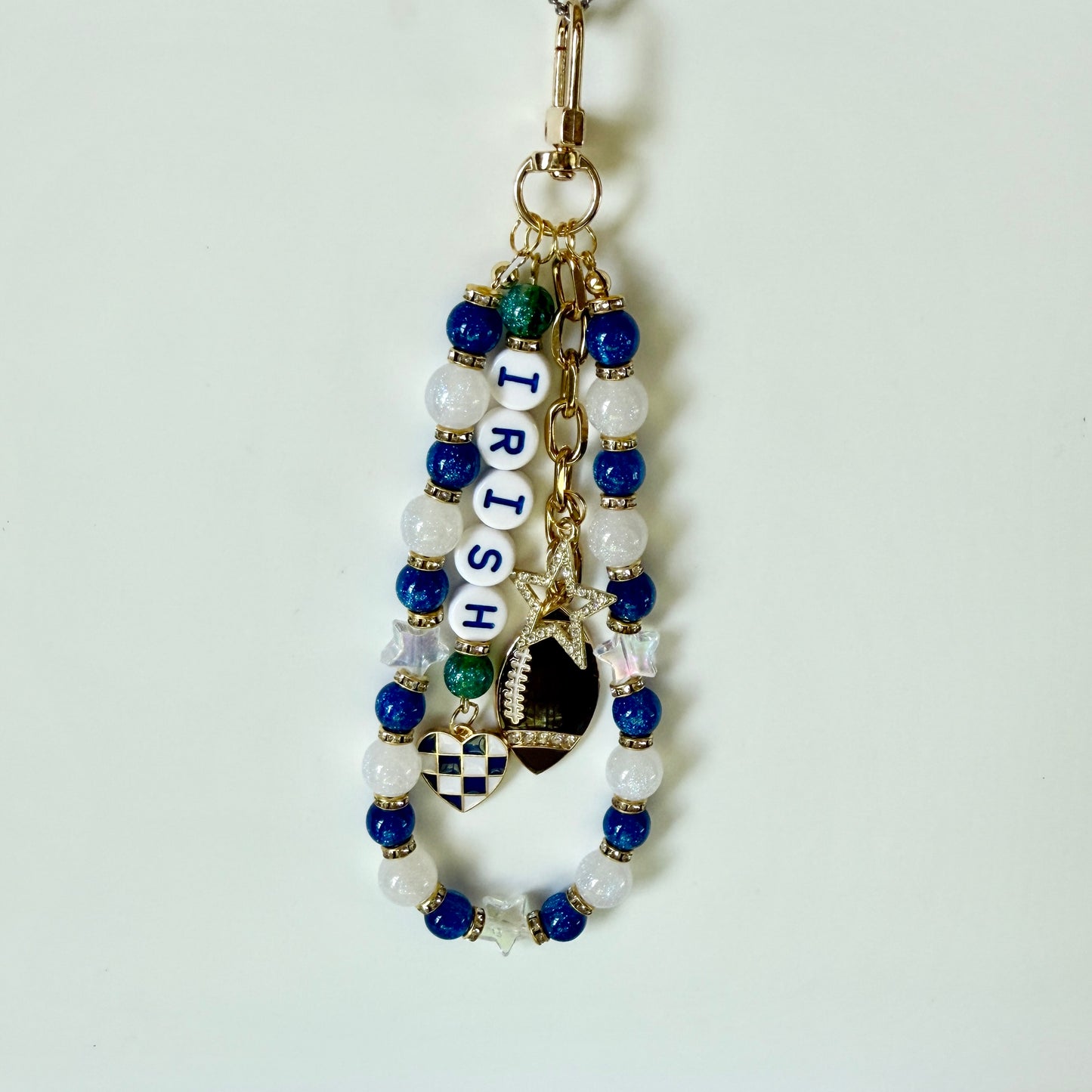 Irish College Football Bag Charm – Blue, White & Gold Beaded Keychain with Charms – Game Day Purse Clip – Handmade Gift