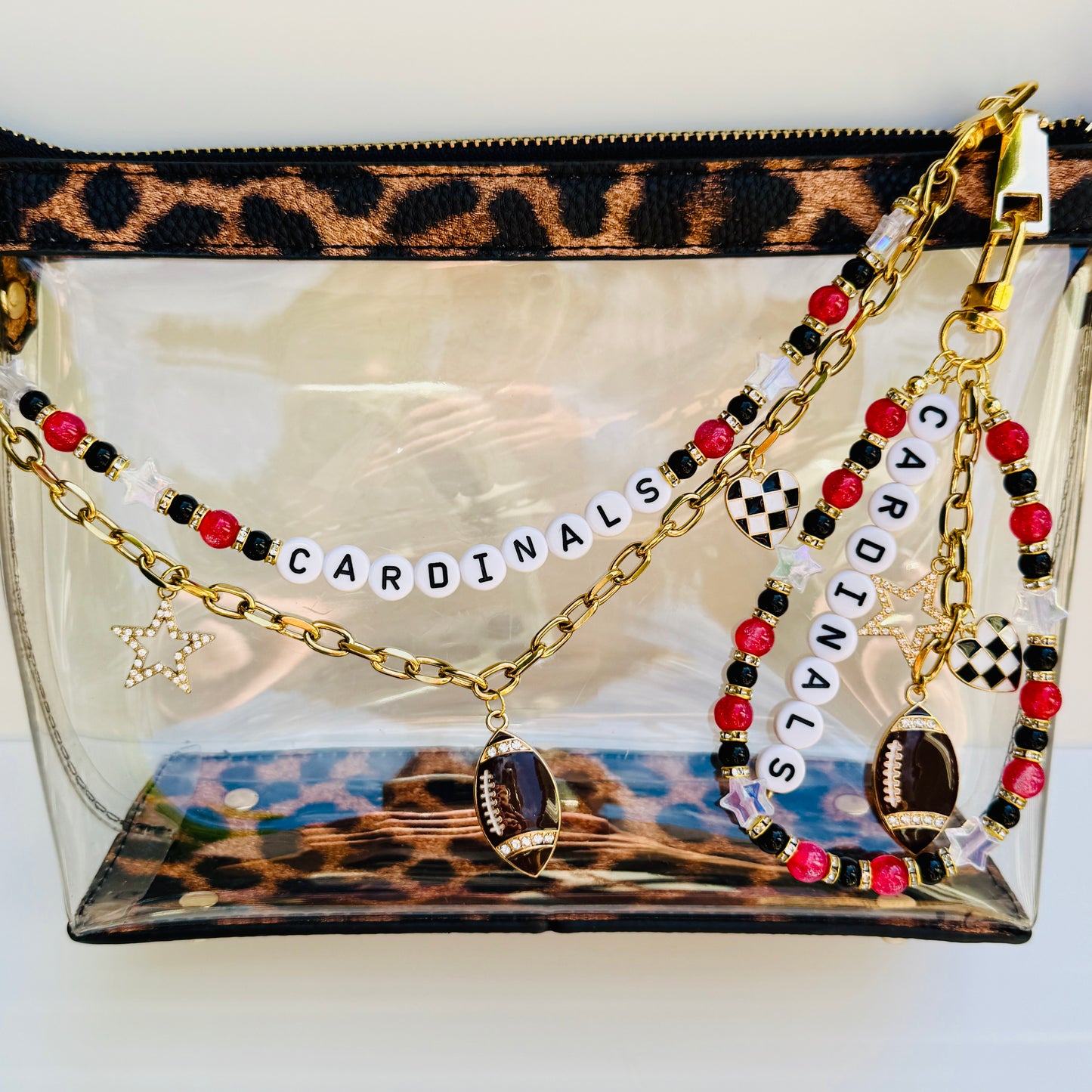 Cardinals Beaded Bag Charm or Gold Chain – Red & Black Football Purse Accessory, 6” Charm, 12.5” Chain, Custom Game Day Bag Jewelry