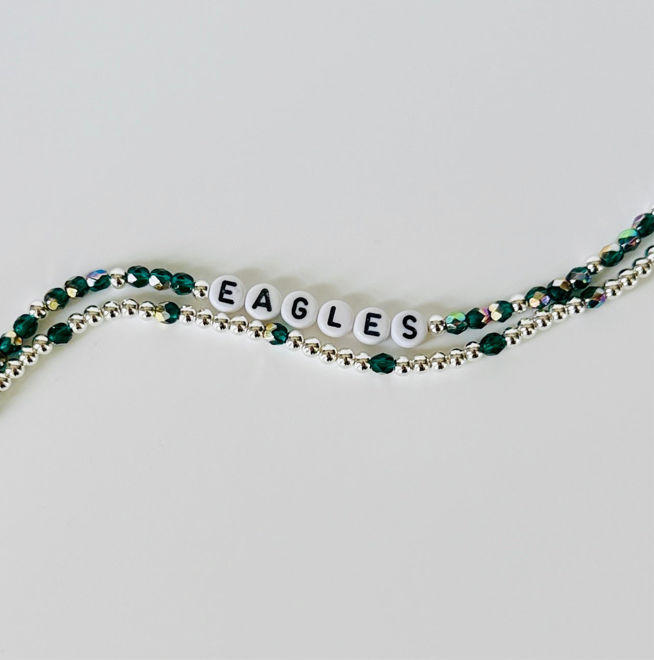 Green and Silver Eagles Football Inspired Bracelet Stack – Czech Fire Polished Beads, Silver- Plated Accents – Handmade Game Day Jewelry