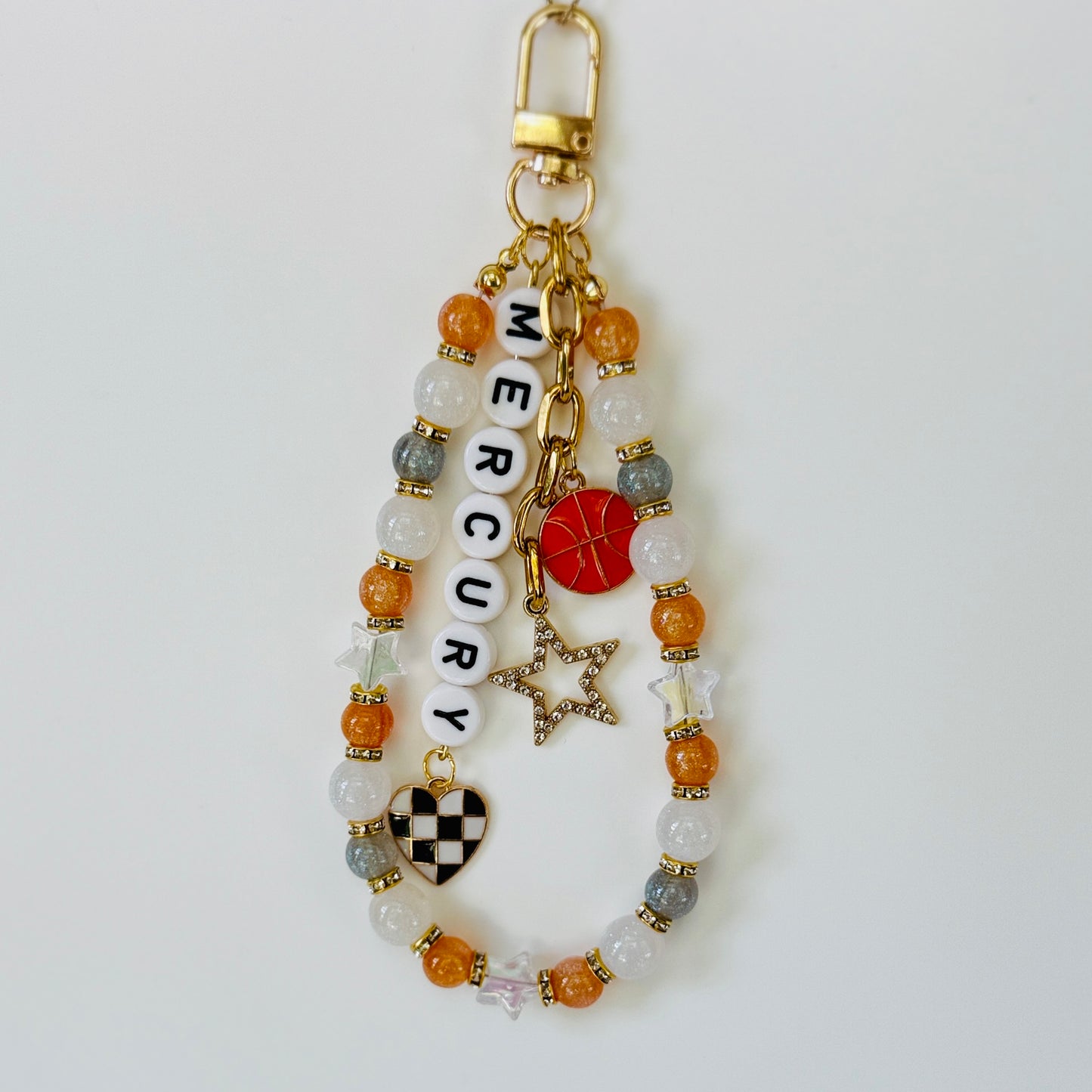Mercury, Women’s Orange, Black, Gray Basketball Bag Charm – 6.5” Handmade Beaded Keychain with Charms, Sports Bag Accessory, Resin Beads