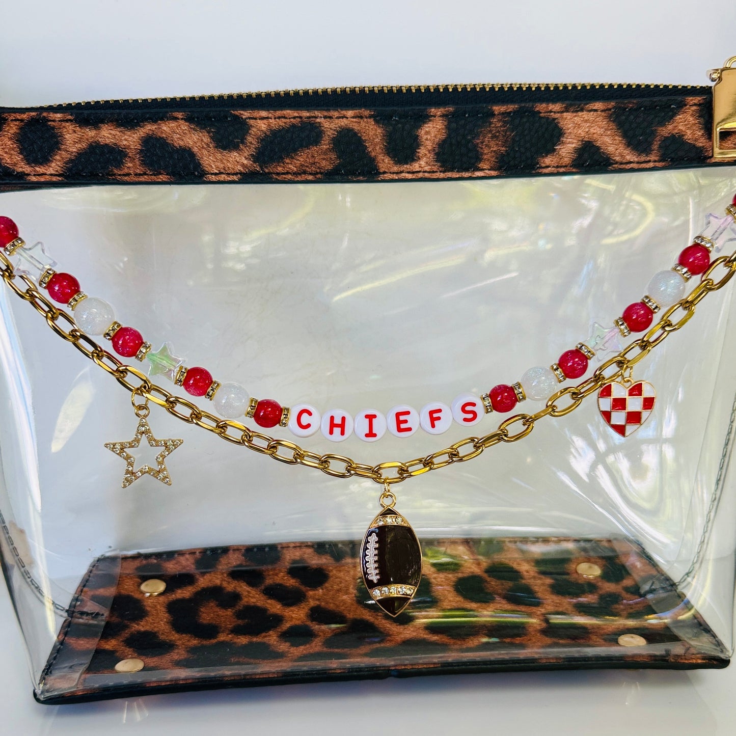 Chiefs Red & White Beaded Bag Charm or Gold Chain β Football Purse Accessory, 6β Beaded Charm, 12.5β Chain, Custom Game Day Add-On