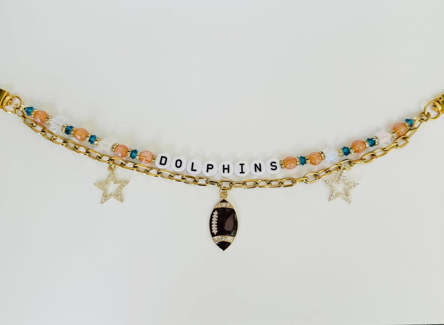 Dolphins Football Bag Charm or Chain – Teal & Gold Beaded Keychain or Purse Clip – Game Day Stadium Bag Accessory – Handmade Gift