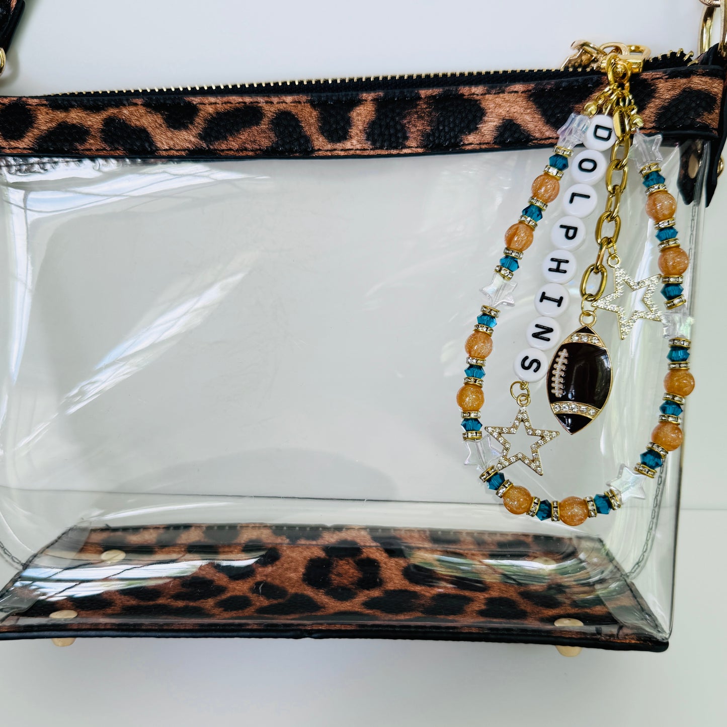 Dolphins Football Bag Charm or Chain – Teal & Gold Beaded Keychain or Purse Clip – Game Day Stadium Bag Accessory – Handmade Gift