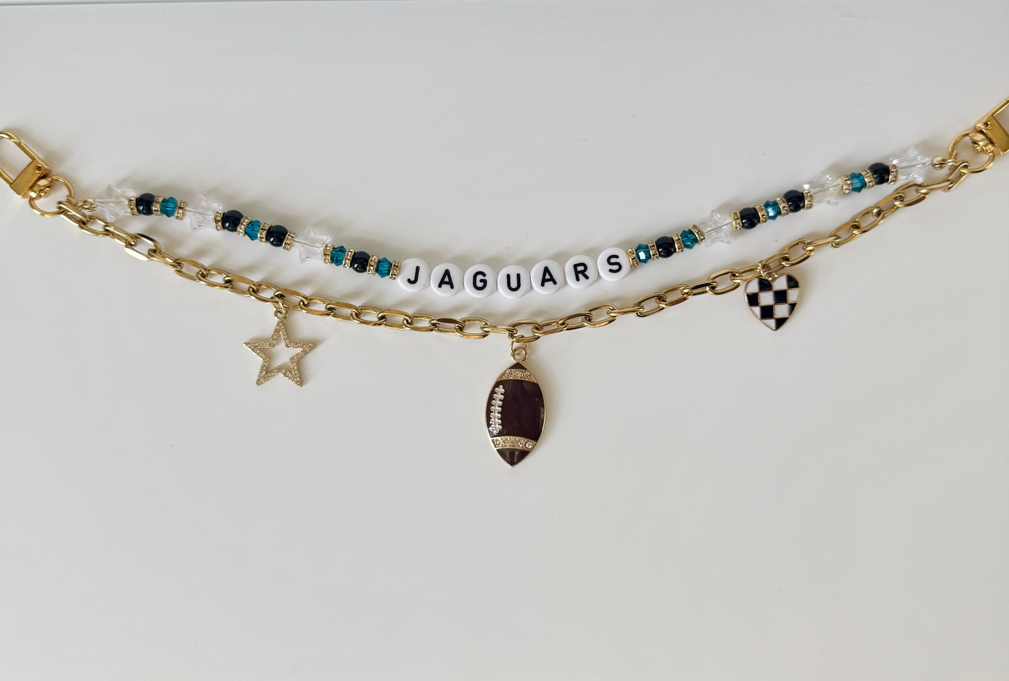 Jaguars Football Bag Charm or Chain – Teal Black Gold Beaded Keychain or Stadium Purse Clip – Game Day Accessory – Handmade Gift