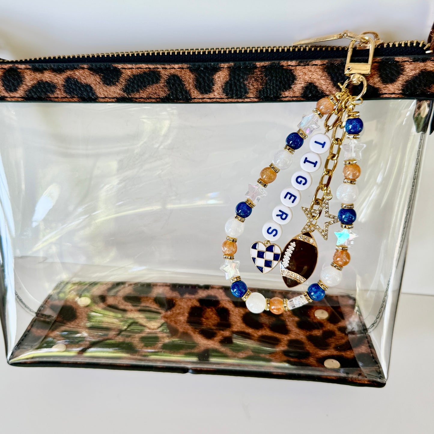 Tigers College Football Bag Charm: Blue & Orange Beaded Keychain with Charms