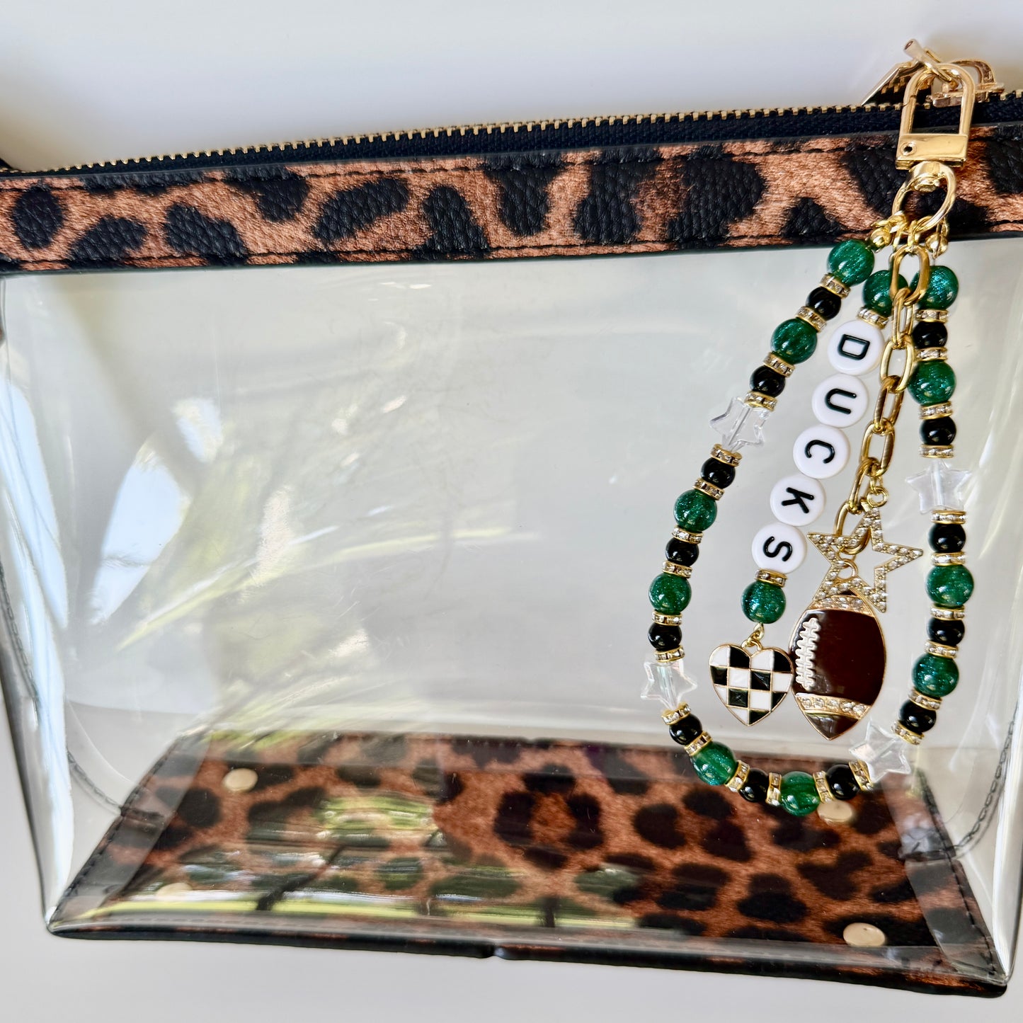 Ducks College Football Bag Charm – Red, Black & White Beaded Keychain with Charms – Game Day Purse Clip – Handmade Spirit Gift