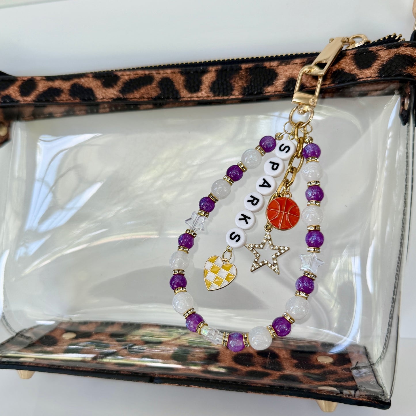 Sparks Basketball Bag Charm: Handmade Purple, Yellow, White Beaded Keychain