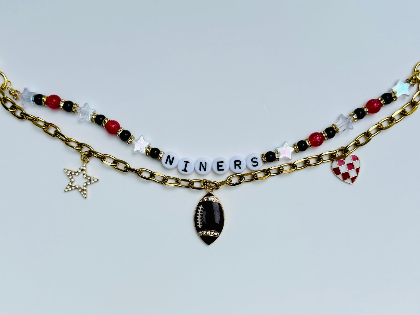 Niners Beaded Bag Charm or Gold Chain β Red & Black Football Purse Accessory, 6β Charm, 12.5β Chain, Game Day Bag Jewelry
