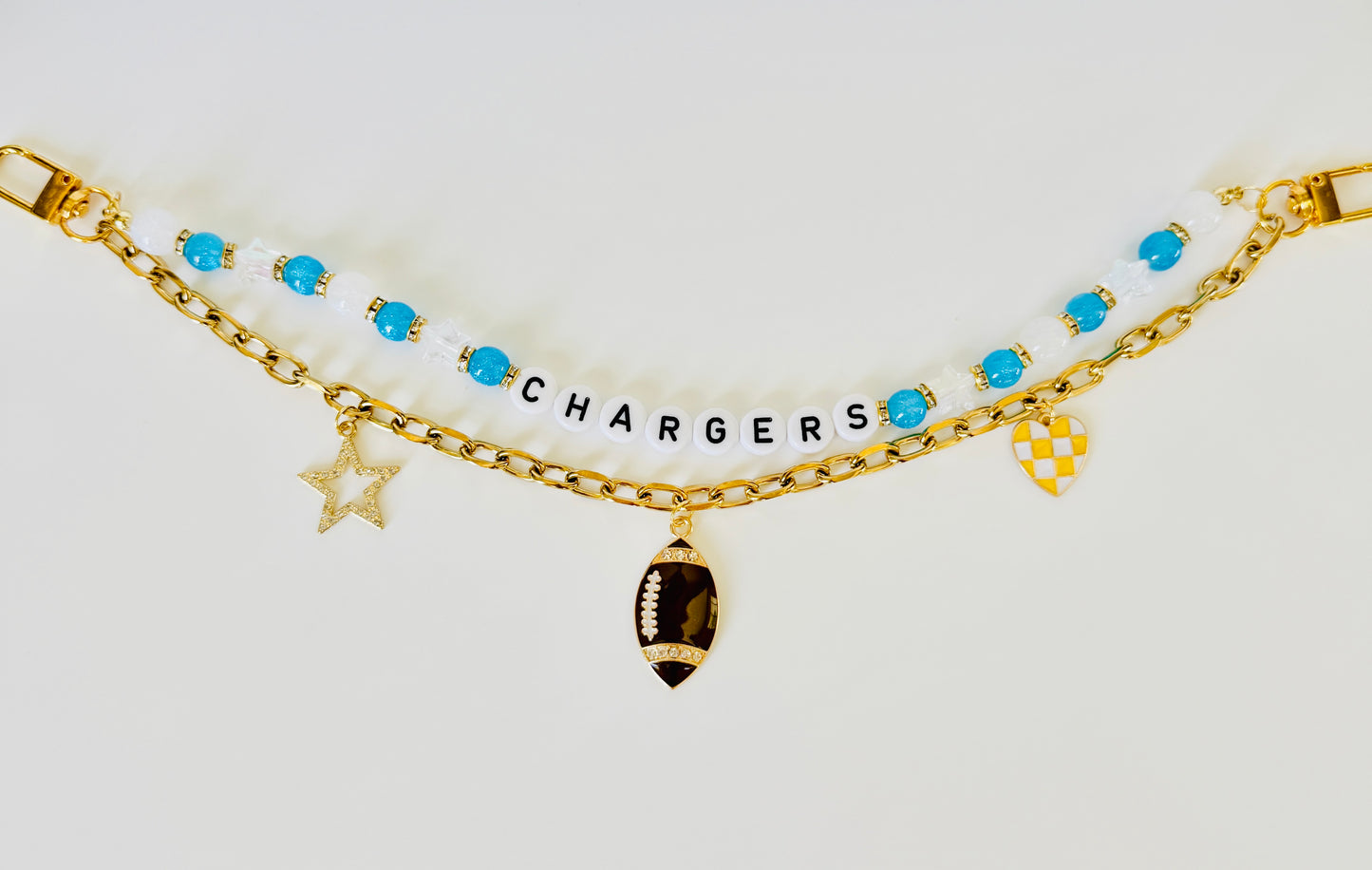 Chargers Bag Charm or Beaded Chain – Handmade Beaded Accessory, Clear Stadium Bag Game Day Jewelry, Football Fan Gift