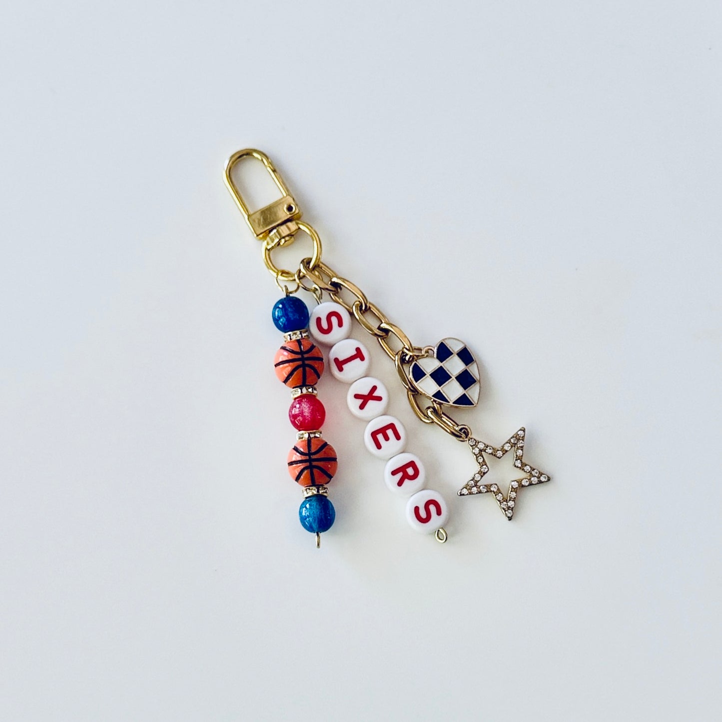 Sixers Basketball Keychain – Gold, Red & Blue Beaded Keychain with Star and Heart Charms