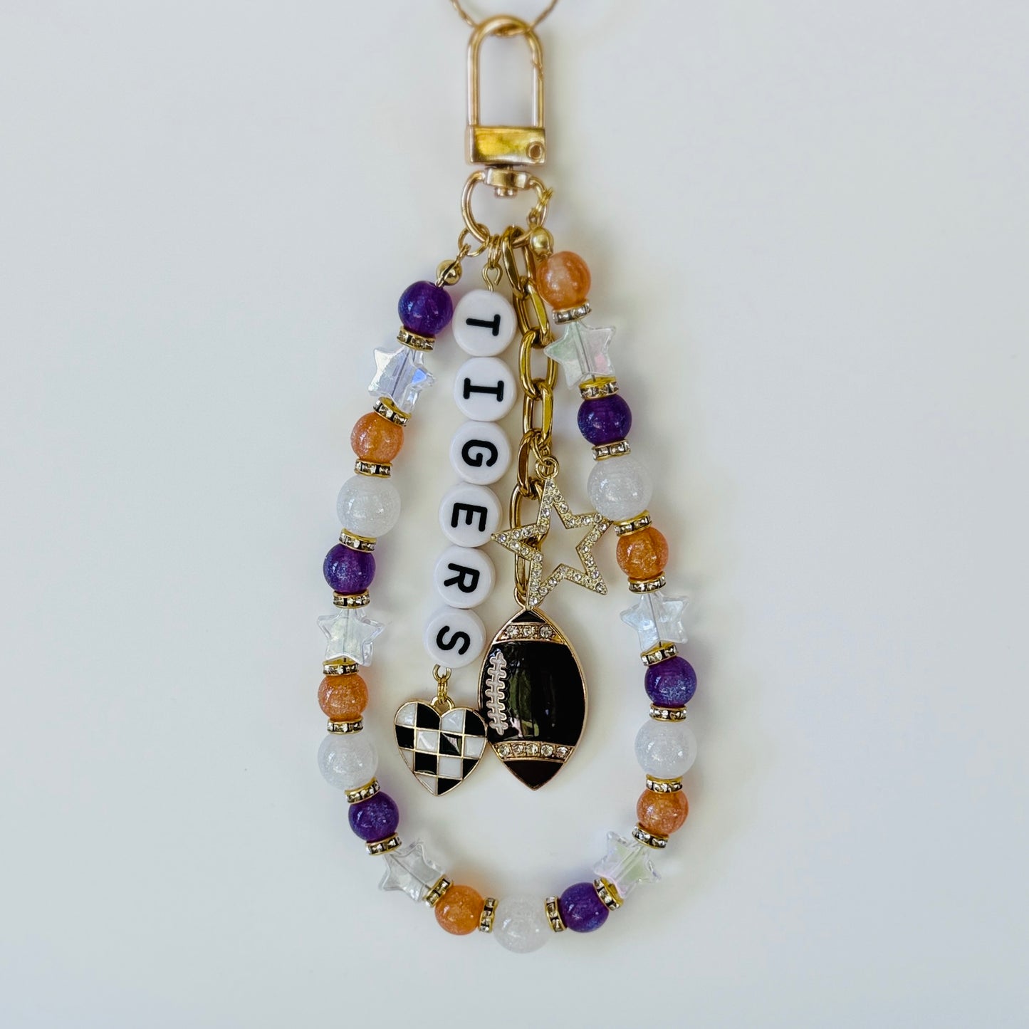 Tigers College Football Bag Charm – Purple, Orange & White Beaded Keychain with Charms – Game Day Purse Clip – Handmade Gift