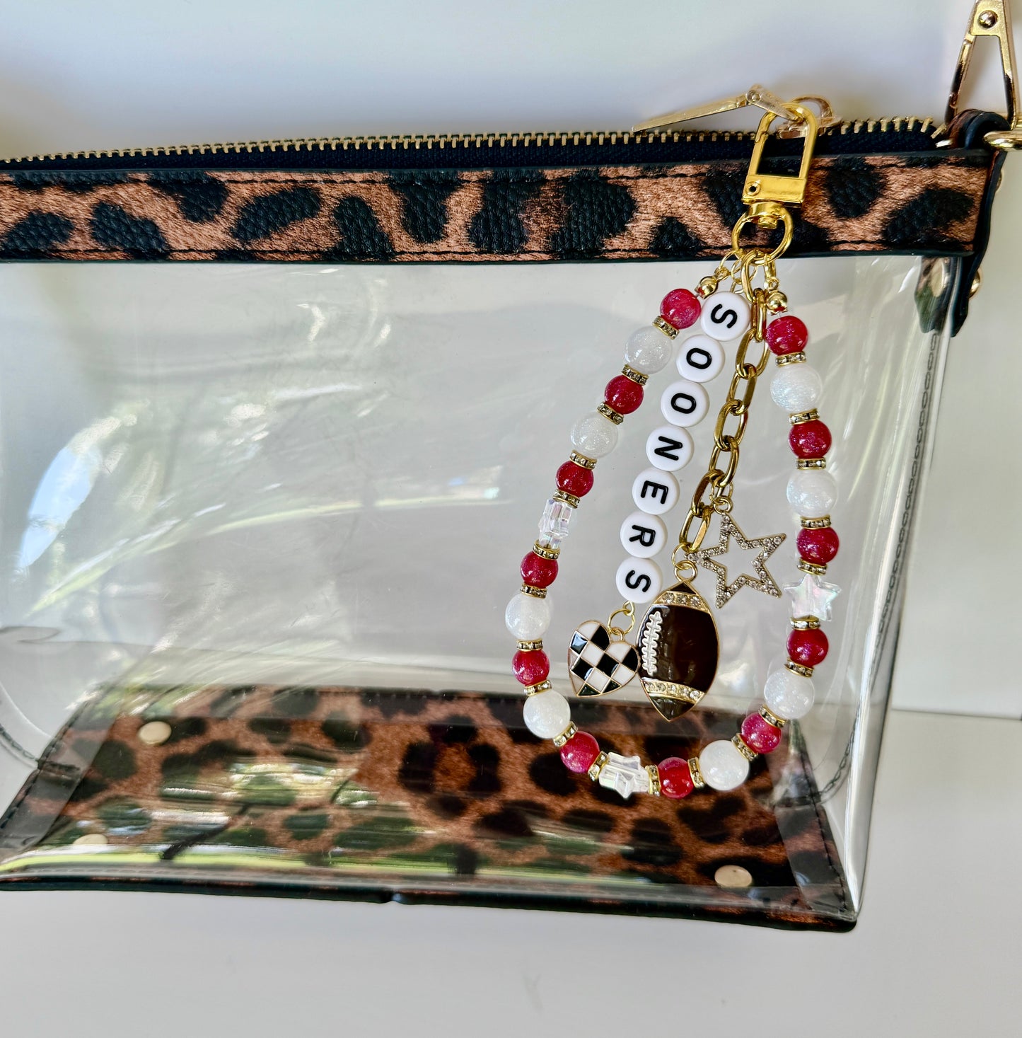 Sooners College Football Bag Charm – Crimson & White Beaded Keychain with Charms – Game Day Purse Clip – Handmade Fan Gift