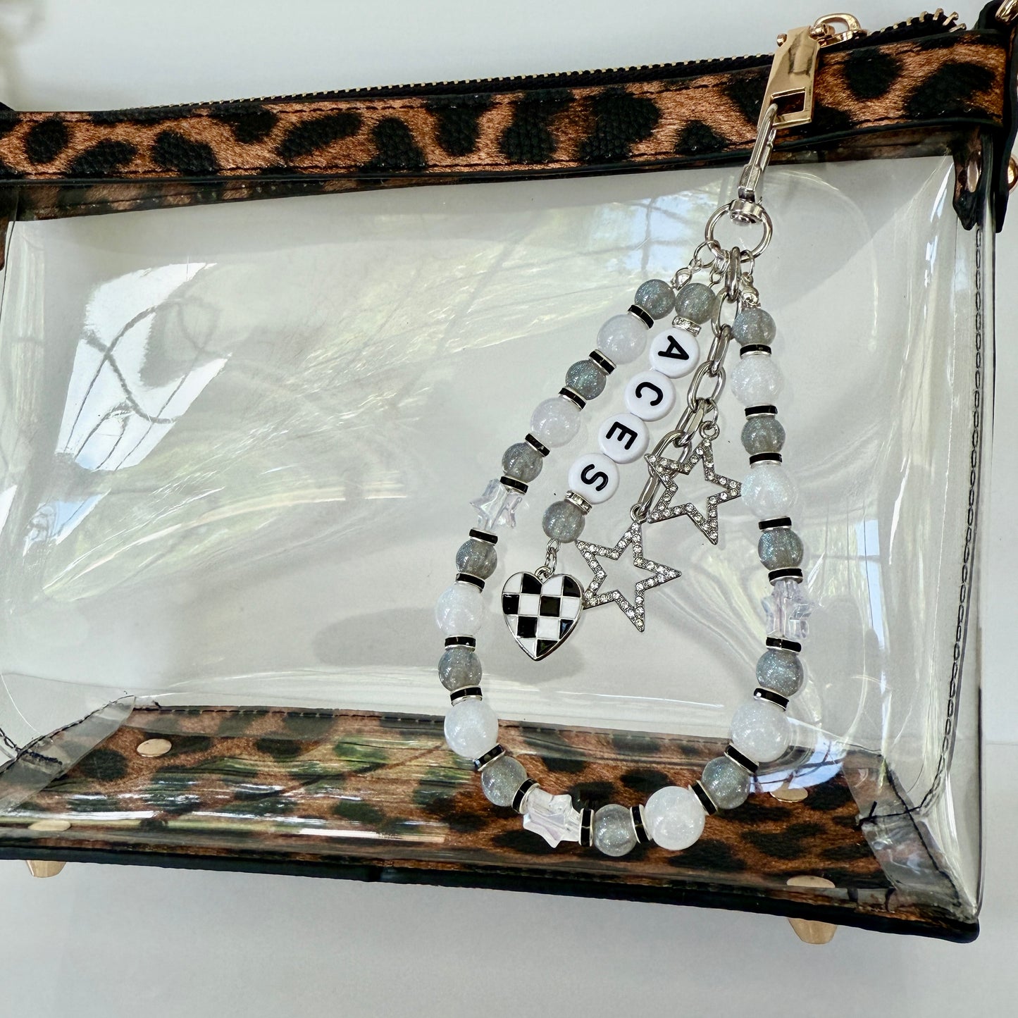 Aces Women’s Basketball, Silver, Black, White Basketball Bag Charm – 6.5” Handmade Beaded Keychain with Charms, Sports Bag Accessory, Resin Beads