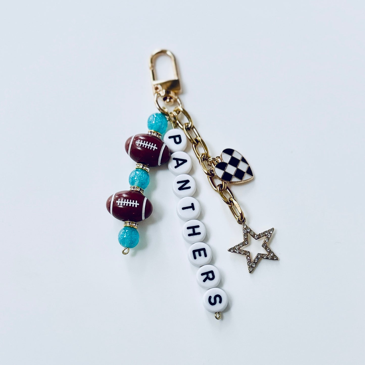 Panthers Football Beaded Keychain: Gold Bag Charm with Enamel Heart and Star