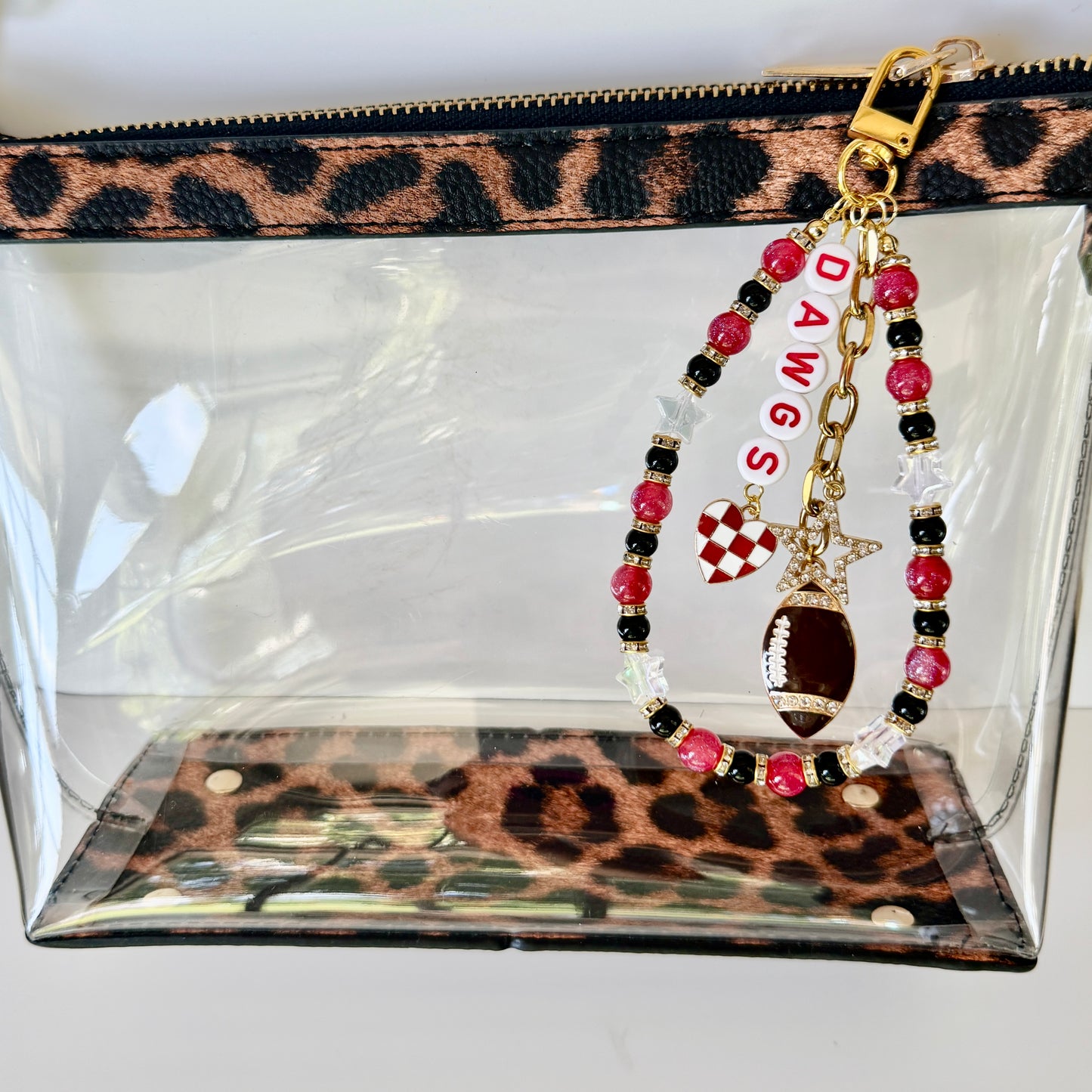Dawgs College Football Bag Charm – Red, Black & White Beaded Keychain with Charms – Game Day Purse Clip – Handmade Spirit Gift