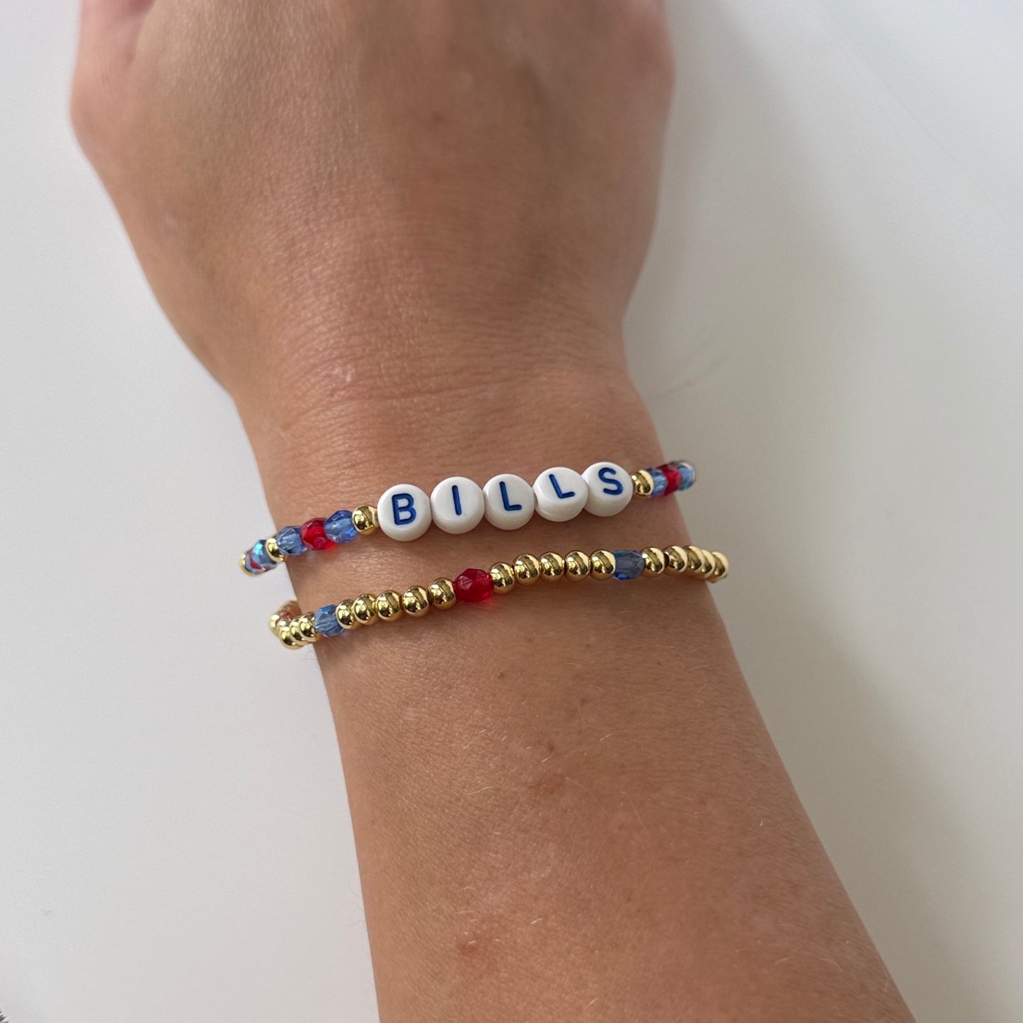 Blue, Red and Gold Bills Football Inspired Bracelet Stack – Czech Fire Polished Beads, 18k Gold Accents – Handmade Game Day Jewelry
