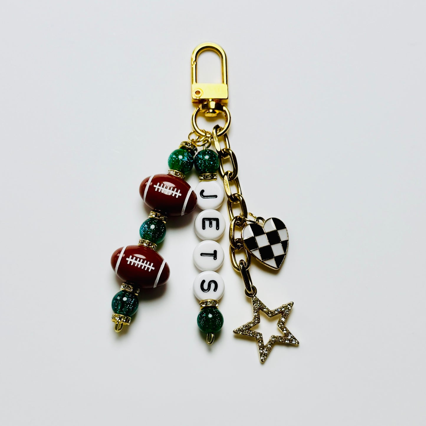 Jets Football Beaded Keychain – Gold Bag Charm with Letter Beads, Football Beads, & Enamel Heart