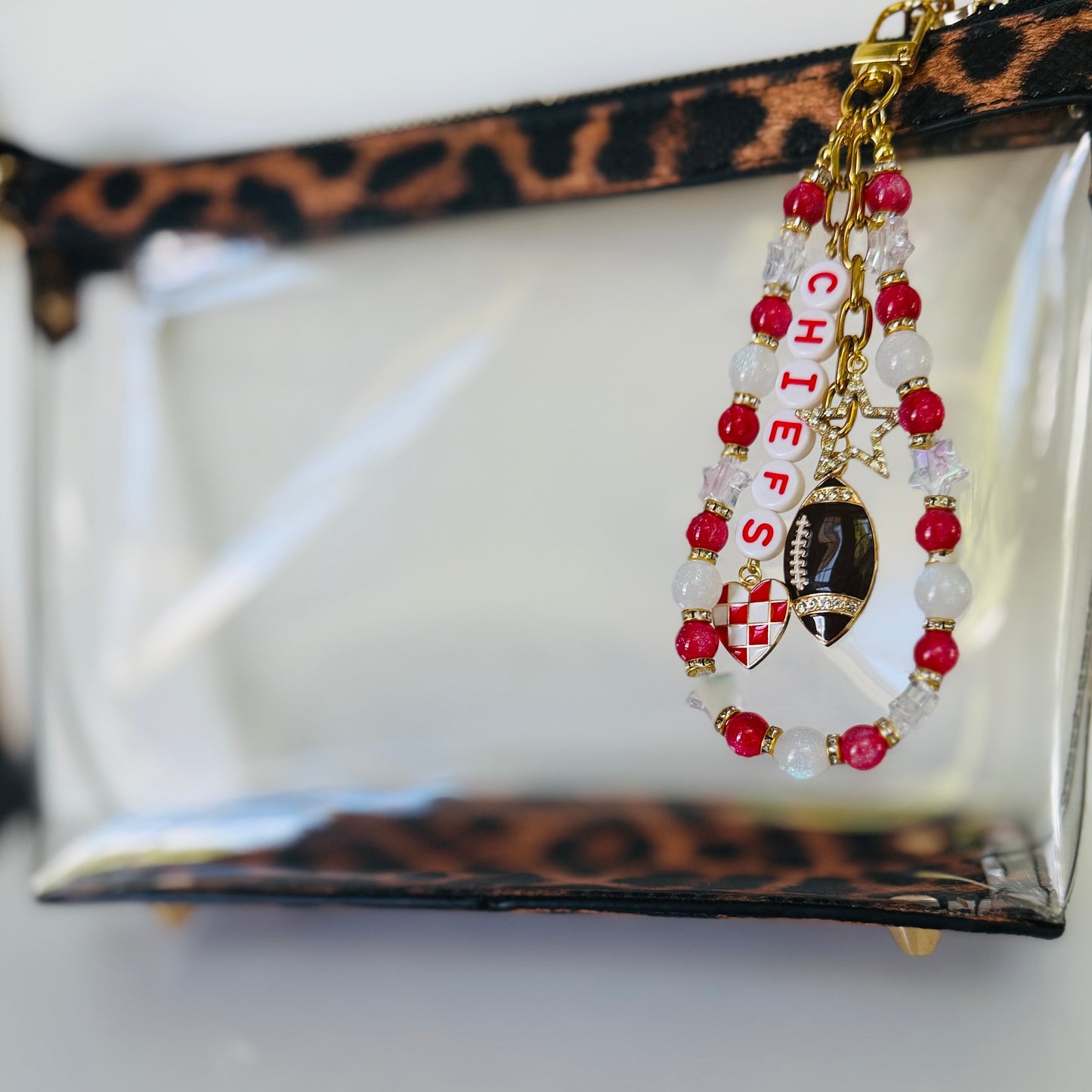 Chiefs Red & White Beaded Bag Charm or Gold Chain β Football Purse Accessory, 6β Beaded Charm, 12.5β Chain, Custom Game Day Add-On