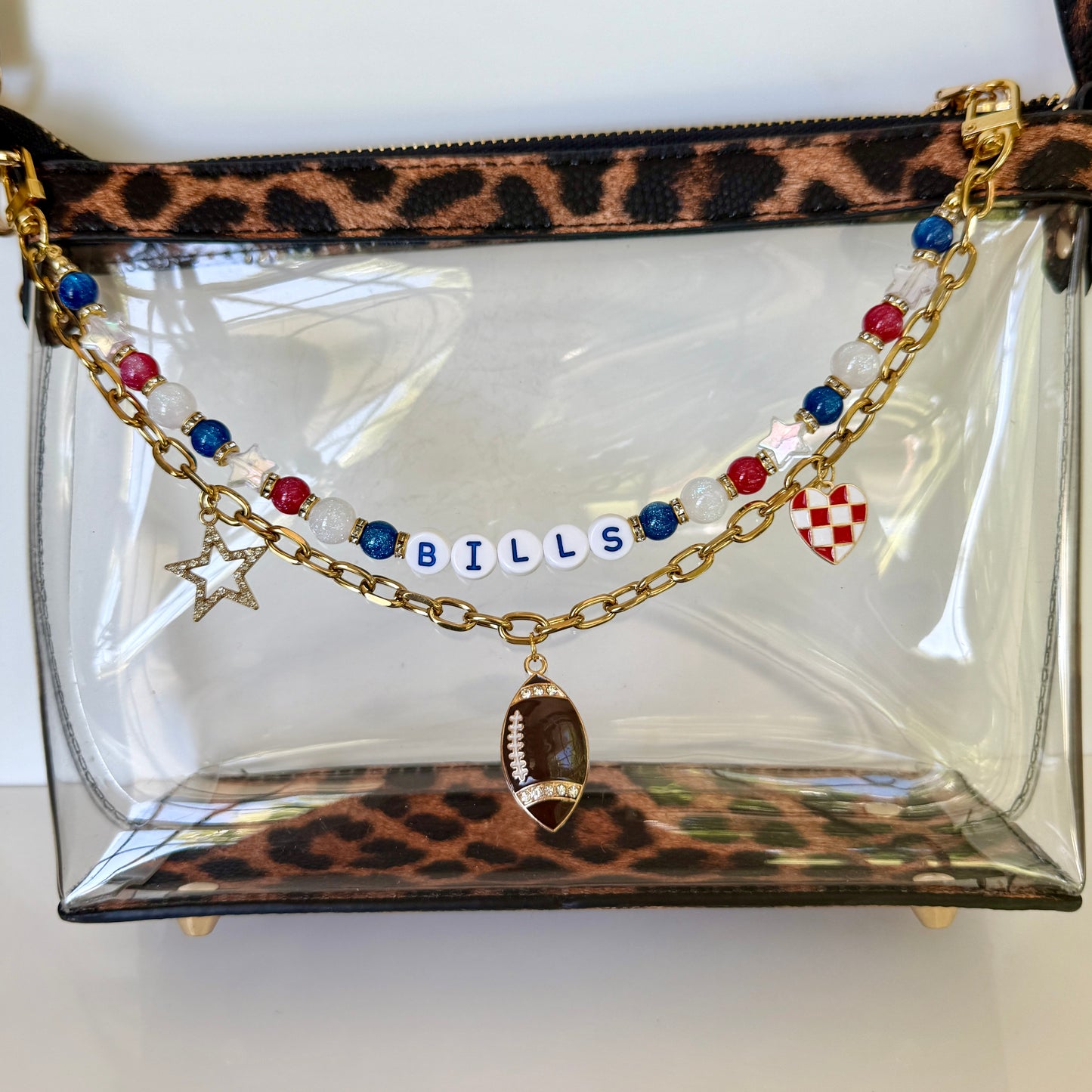 Bills Beaded Bag Charm or Gold Chain β Red White Blue Football Purse Accessory, 6β Charm, 12.5β Chain, Custom Game Day Bag Bling