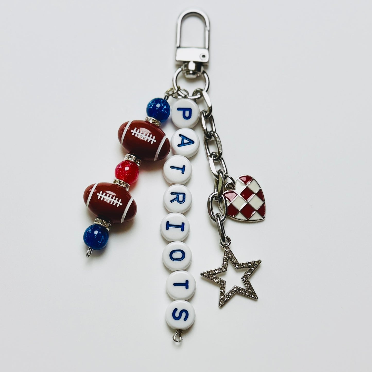 Patriots Football Beaded Keychain – Silver Bag Charm with Letter Beads, Football Beads, & Enamel Heart