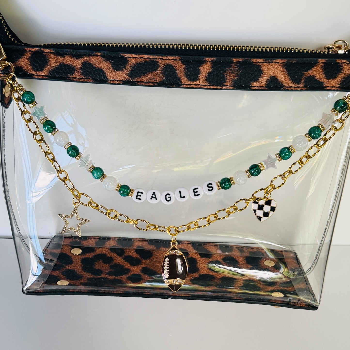 Eagles Green & White Beaded Bag Charm or Gold Chain – Football Purse Accessory, 6” Beaded Charm, 12.5” Chain, Custom Game Day Fit
