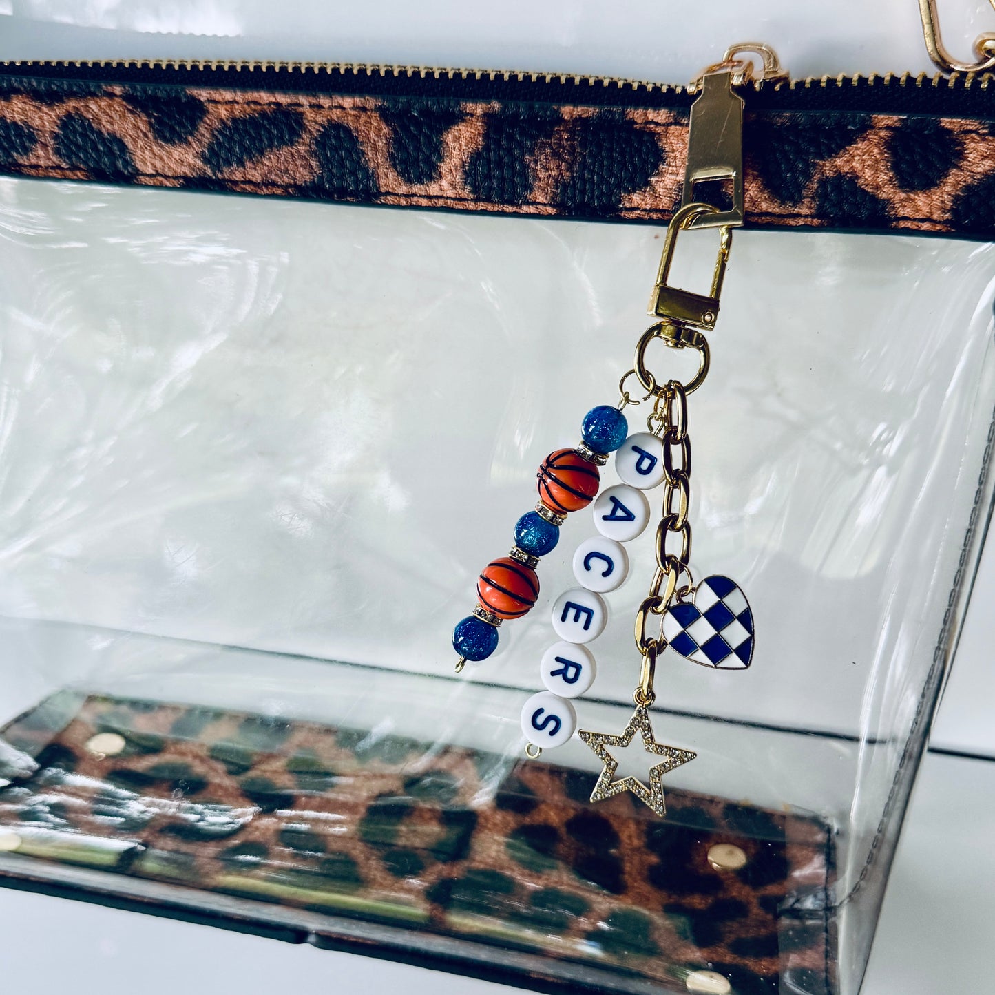 Grizzlies Basketball Keychain – Gold, Gray & Blue Beaded Keychain with Star and Heart Charms