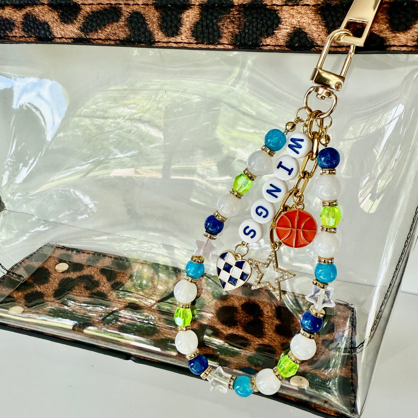 Wings, Women’s Basketball, Blue, Green, Navy, White Basketball Bag Charm – 6.5” Handmade Beaded Keychain with Charms, Sports Bag Accessory, Resin Beads