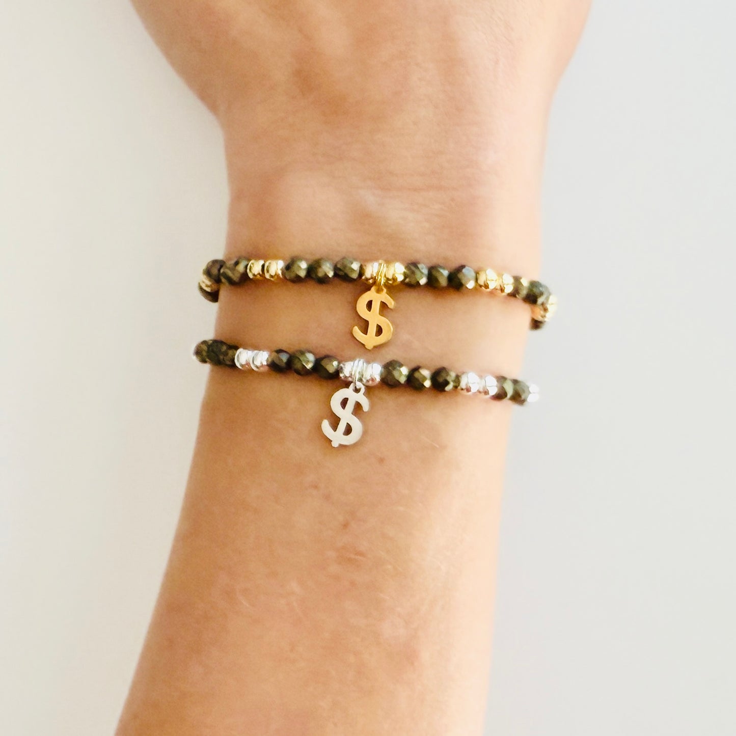 Pyrite Money Manifestation Bracelet: Gold or Silver Dollar Sign Charm