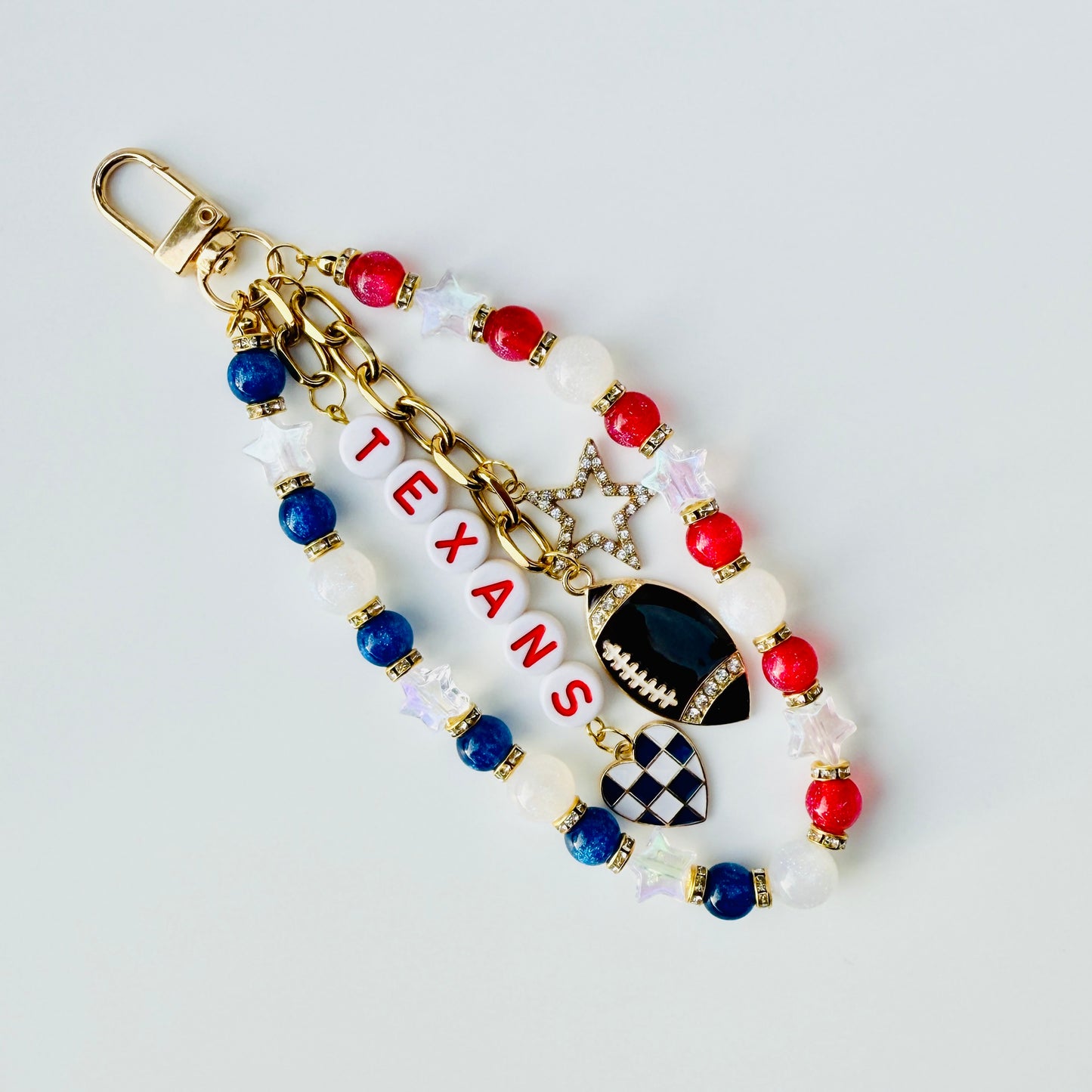 Texans Beaded Bag Charm or Gold Chain β Red White Blue Football Purse Accessory, 6β Charm, 12.5β Chain, Custom Game Day Bag Jewelry