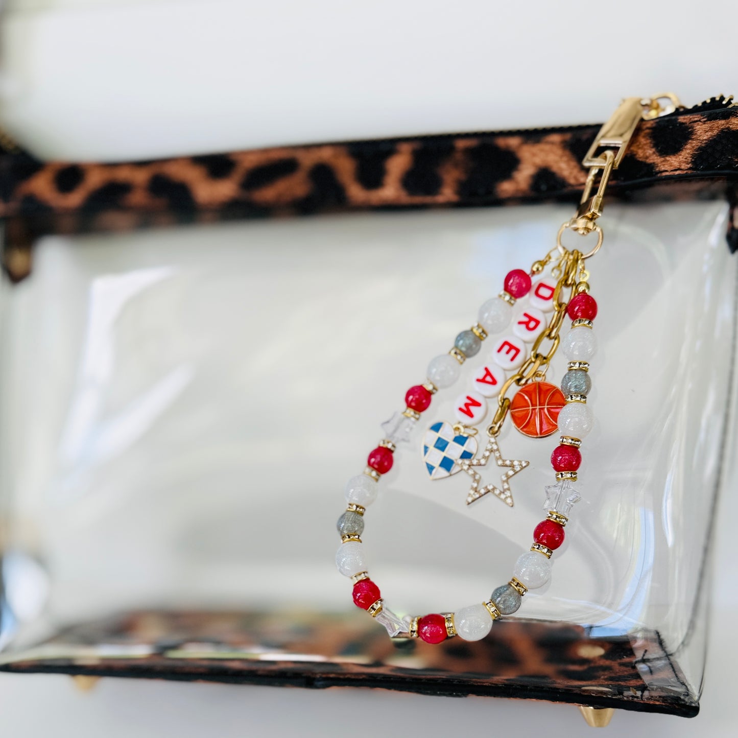 Dream Basketball Bag Charm: Handmade Red & White Beaded Keychain with Charms