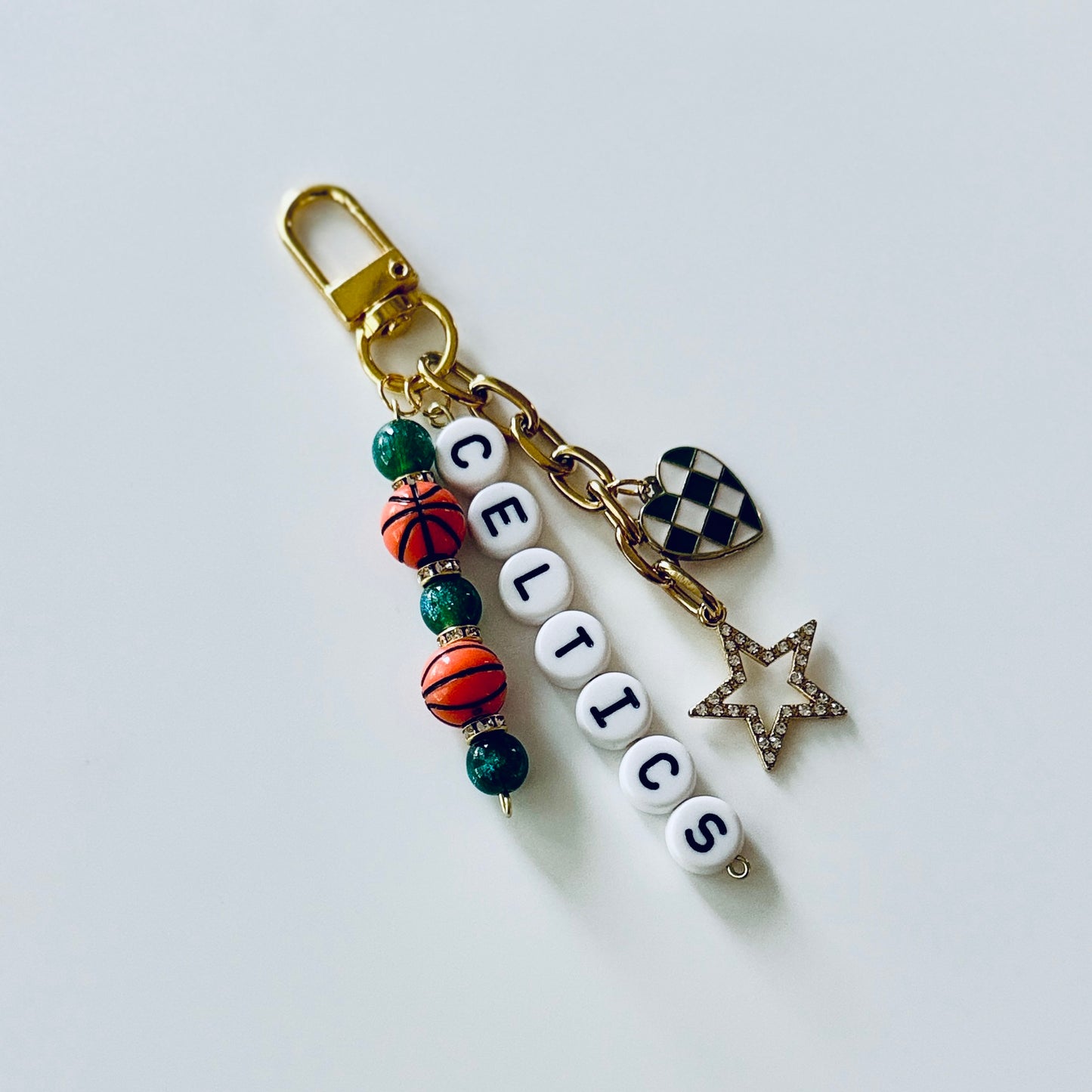 Celtics Basketball Keychain – Gold, Green Beaded Keychain with Star and Heart Charms