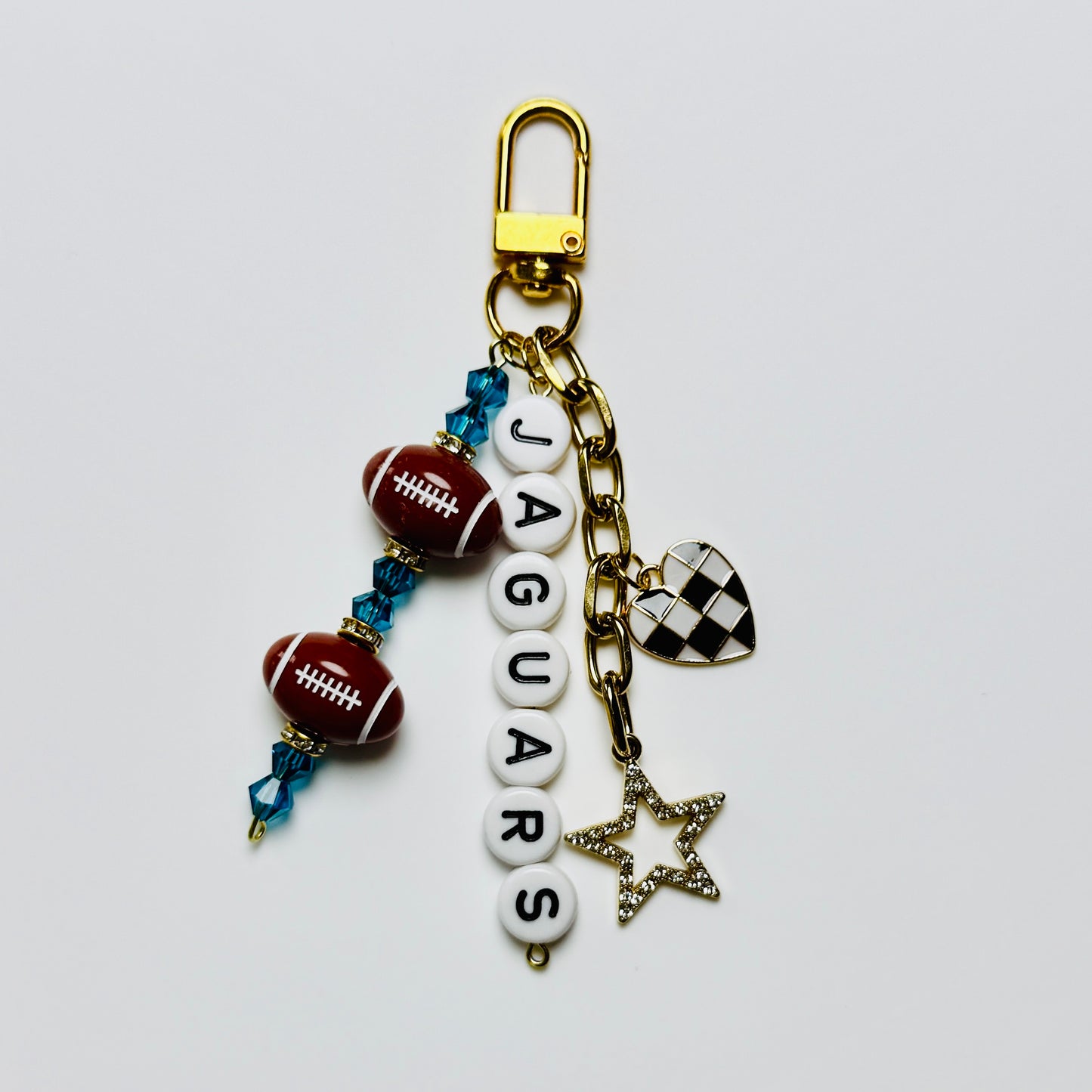 Jaguars Football Beaded Keychain: Gold Bag Charm with Enamel Heart and Star