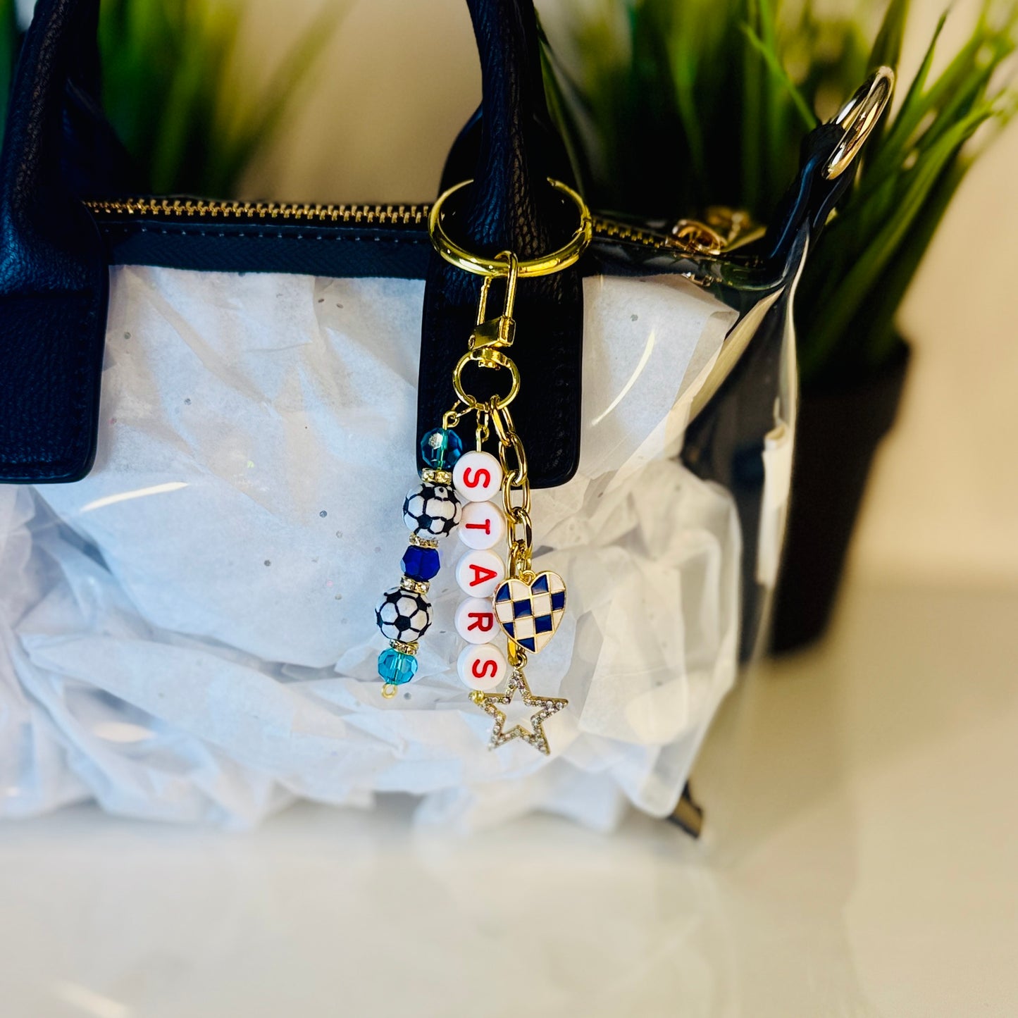 Stars Soccer Bag Charm: Blue and Red Beaded Keychain, Gold Keychain with Star and Heart Charms