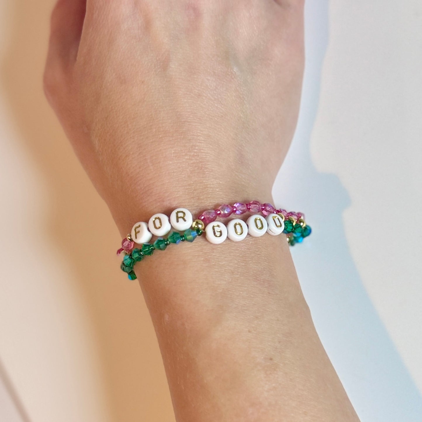 For Good Bracelet: Green and Pink Glass Beads with Gold or Silver Accents
