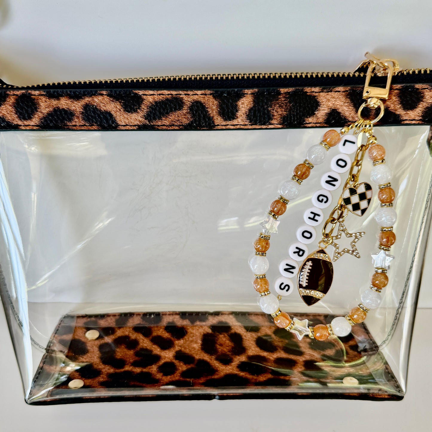 Longhorns College Football Bag Charm – Burnt Orange & White Beaded Keychain with Charms – Game Day Purse Clip – Handmade Gift