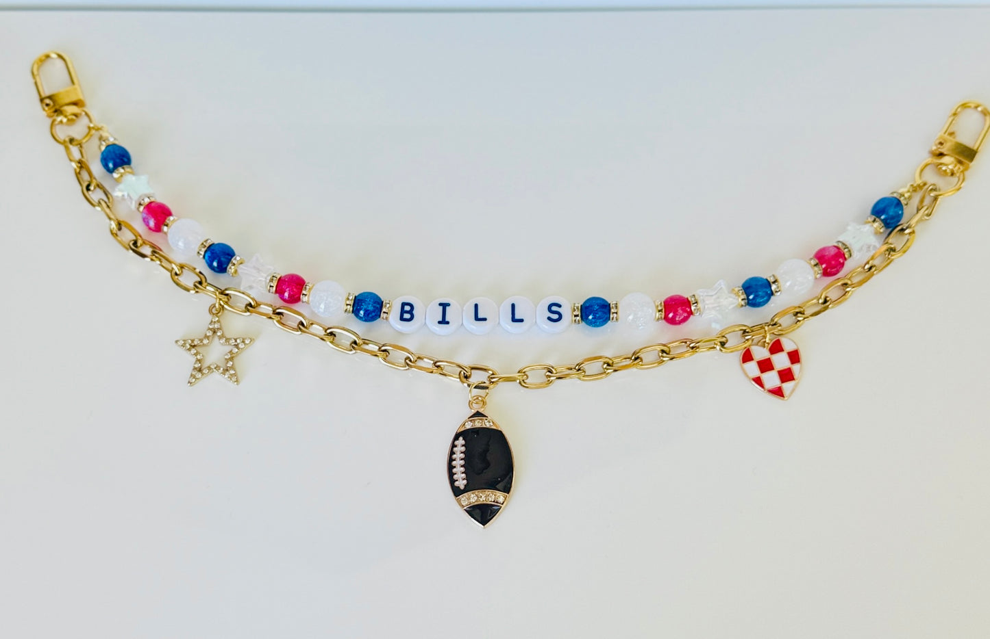 Bills Beaded Bag Charm or Gold Chain β Red White Blue Football Purse Accessory, 6β Charm, 12.5β Chain, Custom Game Day Bag Bling