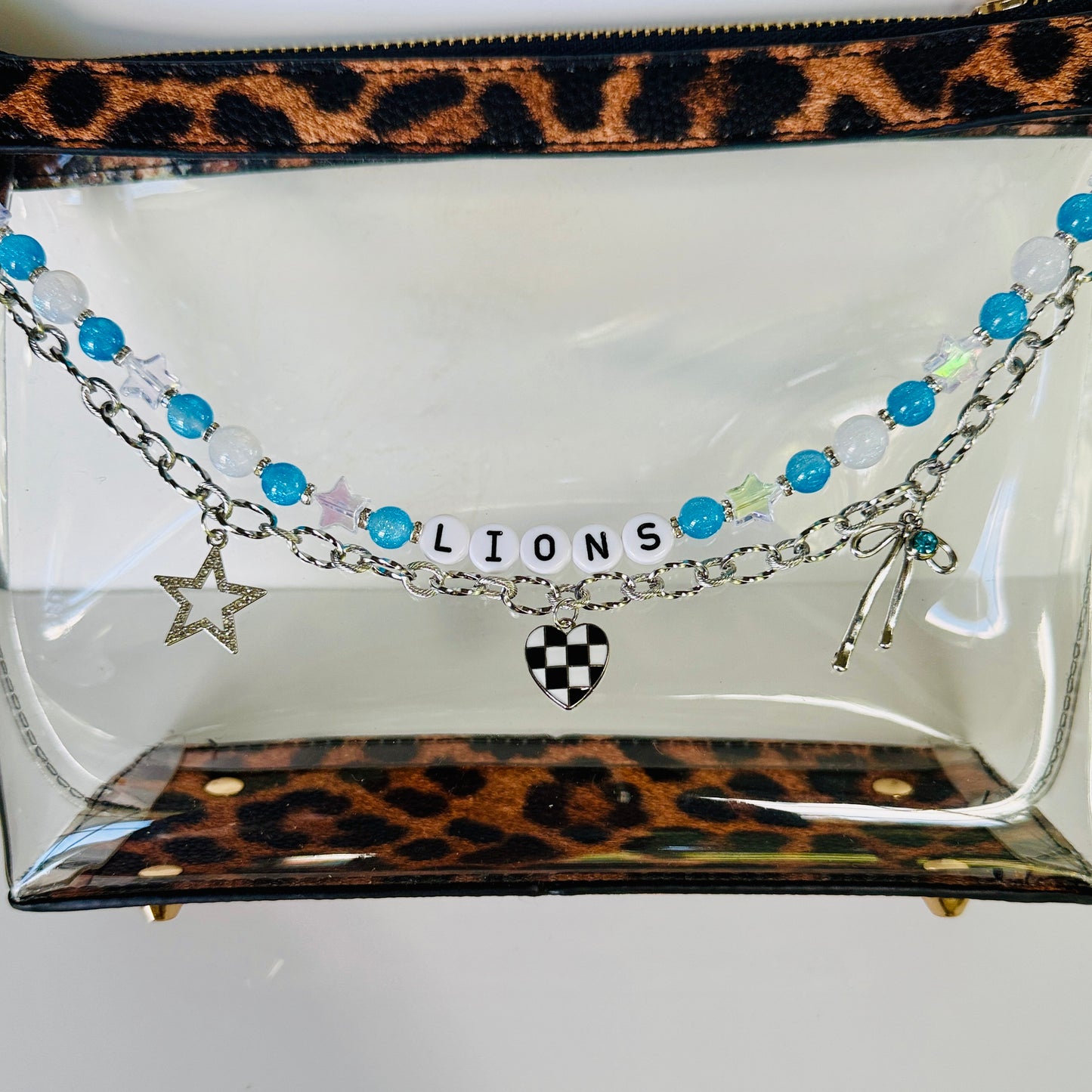 Lions Beaded Bag Charm or Silver Chain β Blue & White Football Purse Accessory, 6β Charm, 12.5β Chain, Game Day Bag Jewelry