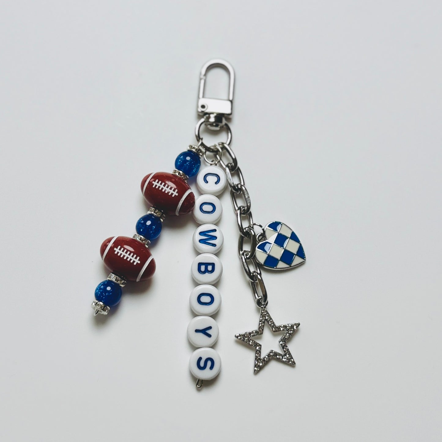 Cowboys Football Beaded Keychain: Silver Bag Charm with Enamel Heart and Star