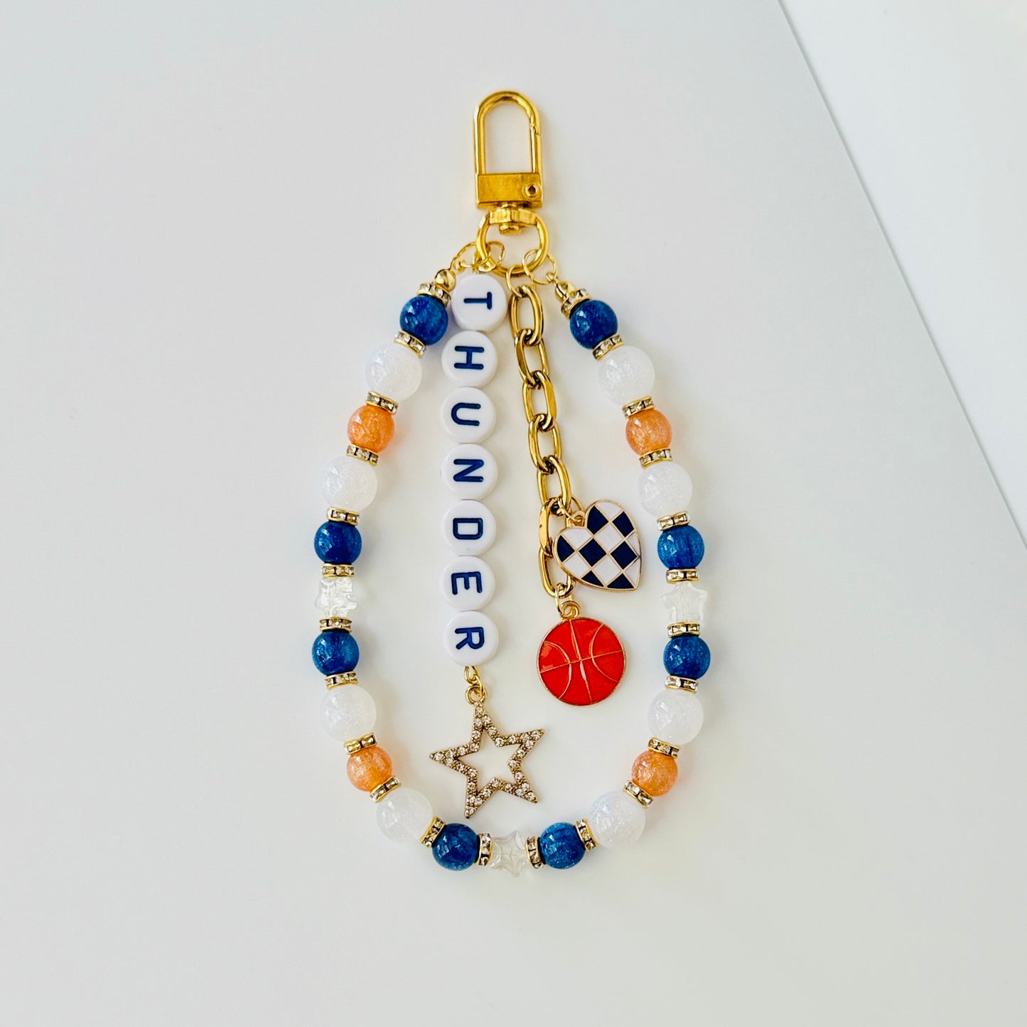 Thunder Basketball Bag Charm – Blue, Orange & White Beaded Purse Accessory with Star & Heart Charms, Handmade Fan Gift