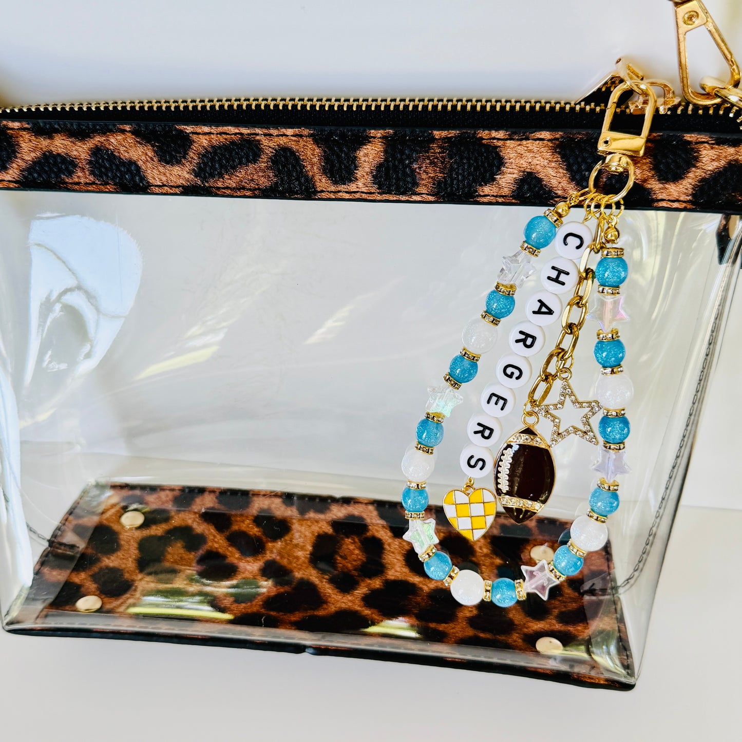 Chargers Bag Charm or Beaded Chain – Handmade Beaded Accessory, Clear Stadium Bag Game Day Jewelry, Football Fan Gift